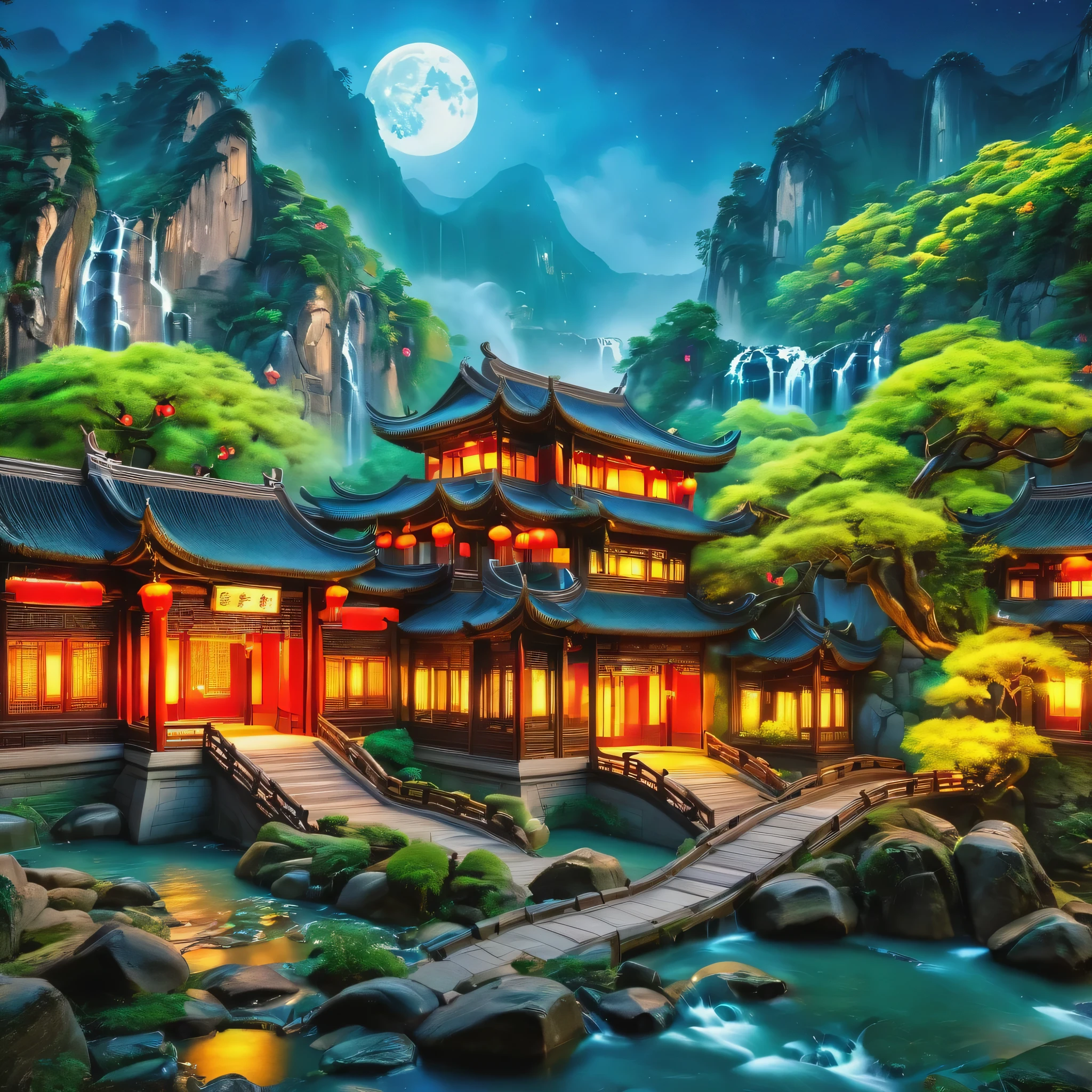 ((Diffuse color)) Ancient Chinese architecture, cool color, dark night, moon, garden, bamboo, lake, stone bridge, rockery, arch, corner, tree, tap water, landscape, outdoor, Fall, Grass, rock, heavy rainfall, thunderstorm, There are vines all around, giant and wet trees, with glowing leaves in the trees, Glowing fireflies and glowing particle effects, masterpiece, best quality, high quality, Very detailed CG unity 8k wallpaper, oil painting, Award-winning photography, Bokeh, depth of field, high dynamic range, bloom, ,lifelike,Very detailed, Popular topics on Artstation, CGSociety's Hot Topics, complex, high detail, dramatic, midway art, Volumetric lighting
