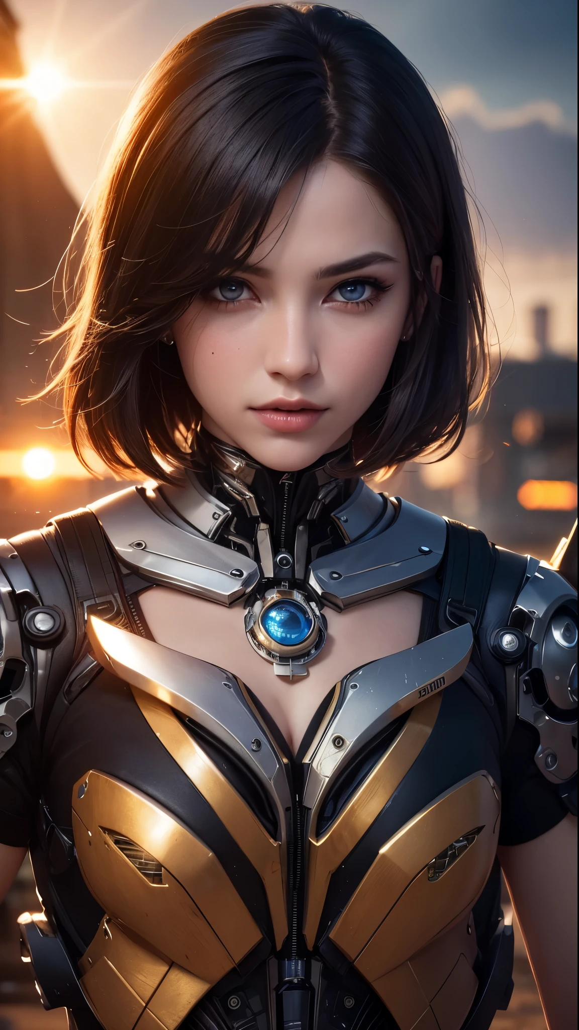 (skin dents:1.5), realistic, realistic, (masterpiece:1.5), concept art, intricate details, very detailed, realistic, octane rendering, 8k, unreal engine, dynamic pose, highest quality, High resolution, (realistic face:1.1), (hyper realism:1.1), ((full_body)), perfect eyes, (shiny skin: 1.2), (((hairstyle))), (((perfect hands)) ), (very detailed背景), ((dynamic background) ), ((sun)), (light), ((1 girl)), good looking, robot (((Shiny mechanical shape))), ((fine eyes, high quality eyes, high quality face)), (very complicated dress), short blonde hair, sun, sunlight, ((dramatic)), amazing, Depth of the bounds written, Bokeh, 4k, gothic, Ash, particle