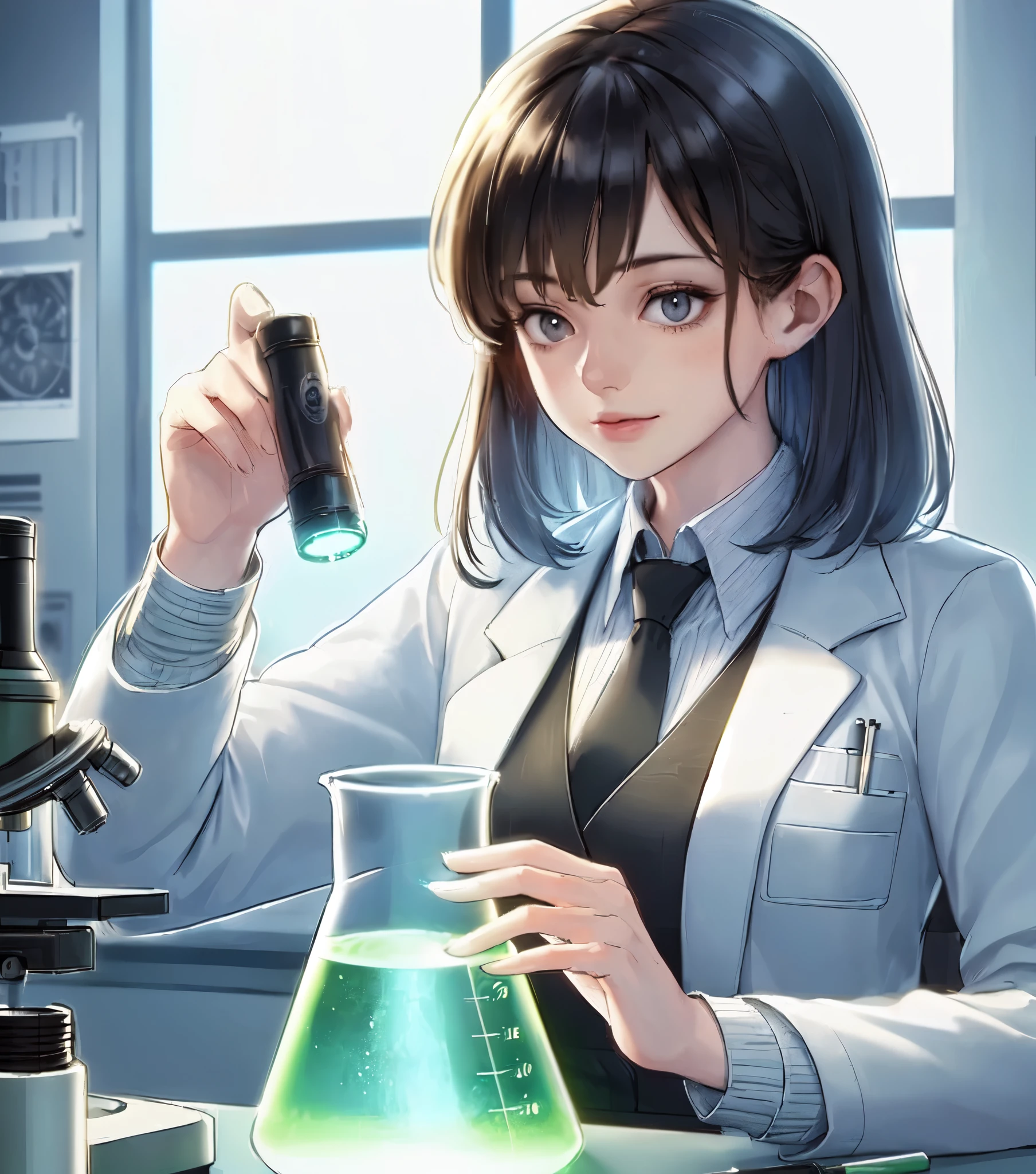 1lady solo, sitting (gazing at beaker), (holding compact flashlight) illuminating inside of beaker, scientist, (white lab coat) stylish outfit, mature female, /(black hair/) bangs, (light smile:0.8) (eye filed with concentration), (masterpiece best quality:1.2) delicate illustration ultra-detailed, medium breasts BREAK ((beaker containing turbid solution:1.2) on desk), ((thick line of light:1.1) in beaker), (floating dust), (Tyndall effect) BREAK (modern laboratory filled with equipment) indoors, detailed background