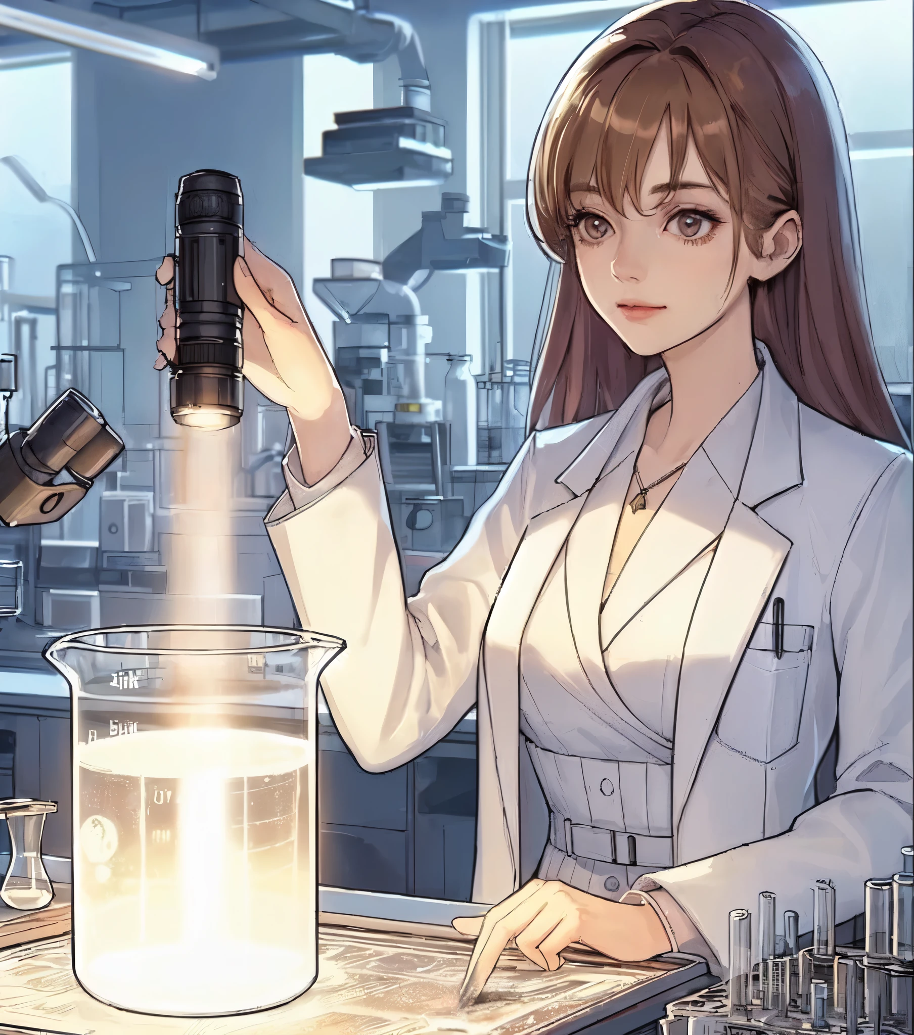 1lady solo, sitting (gazing at beaker), (holding compact flashlight) illuminating inside of beaker, scientist, (white lab coat) stylish outfit, mature female, /(light brown hair/) bangs, (light smile:0.8) (eye filed with concentration), (masterpiece best quality:1.2) delicate illustration ultra-detailed, medium breasts BREAK ((beaker containing turbid solution:1.2) on desk), ((thick line of light:1.1) in beaker), (floating dust), (Tyndall effect) BREAK (modern laboratory filled with equipment) indoors, detailed background