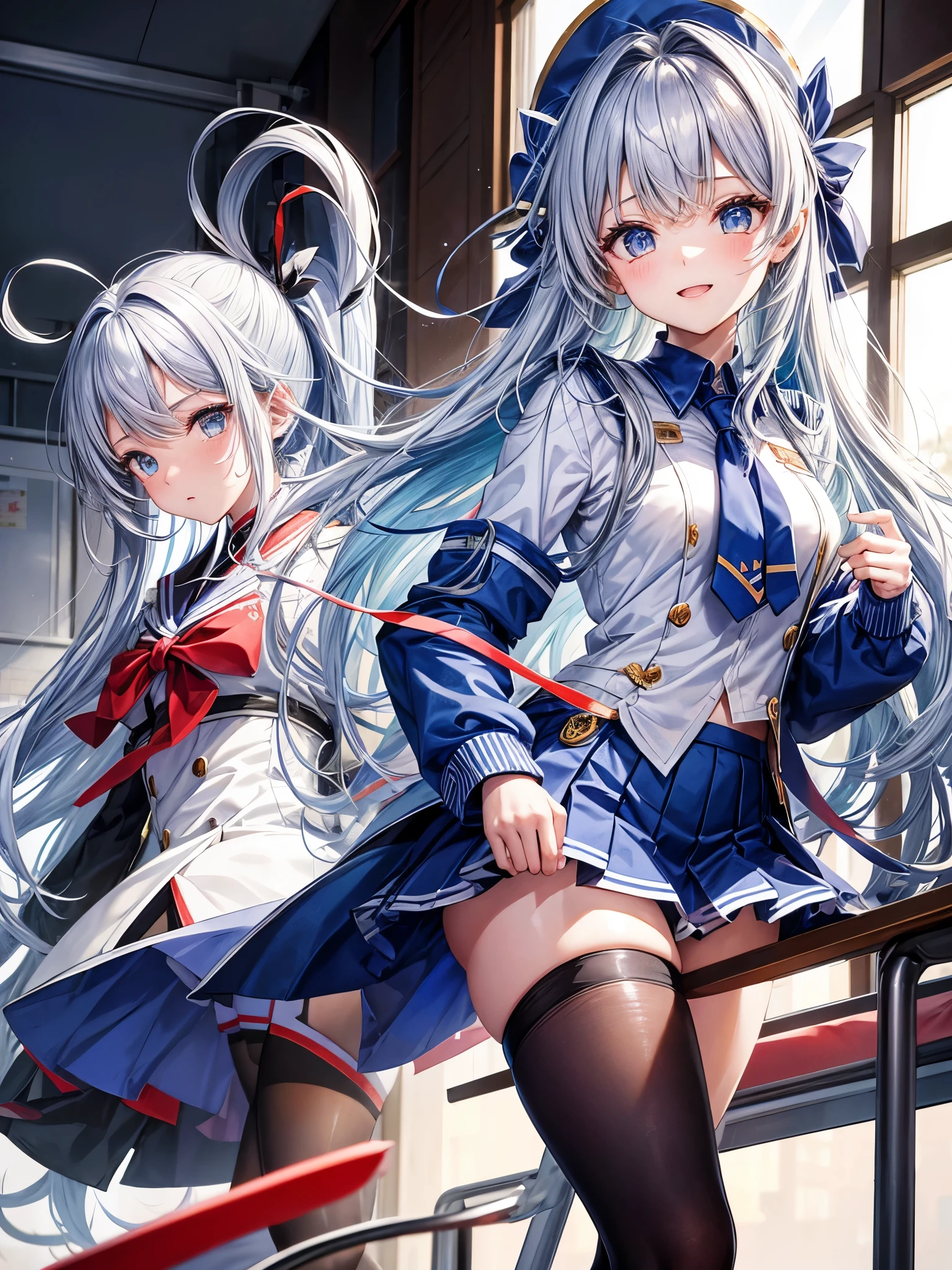 ((highest quality)(High resolution),One high school student,A light smile,(Straight hair with gray hair),(Bright Blue Eyes),Black pleated skirt,(White knee-high socks),topless,classroom,