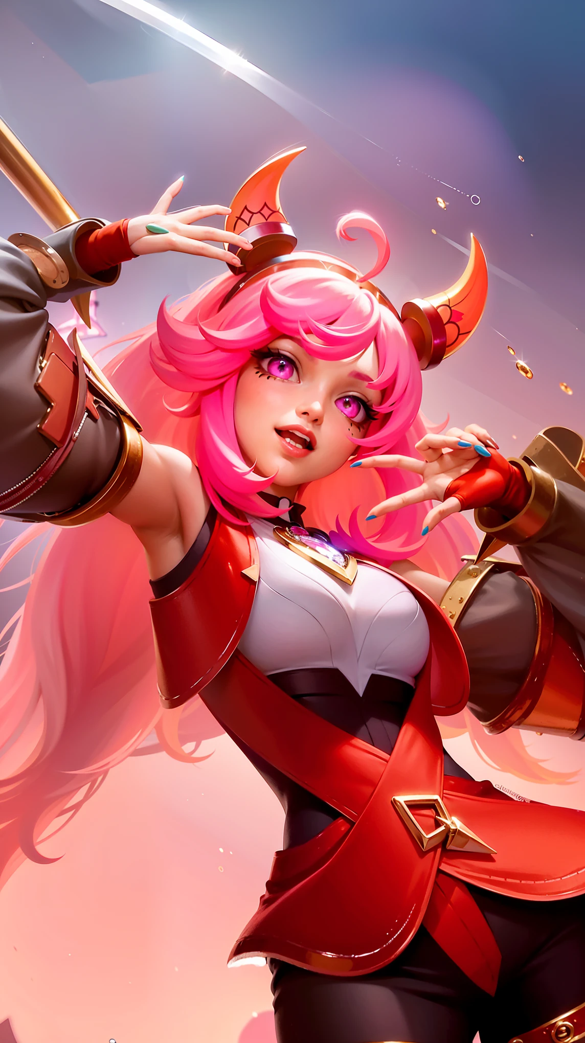 a close up of a woman with pink hair holding a bow.