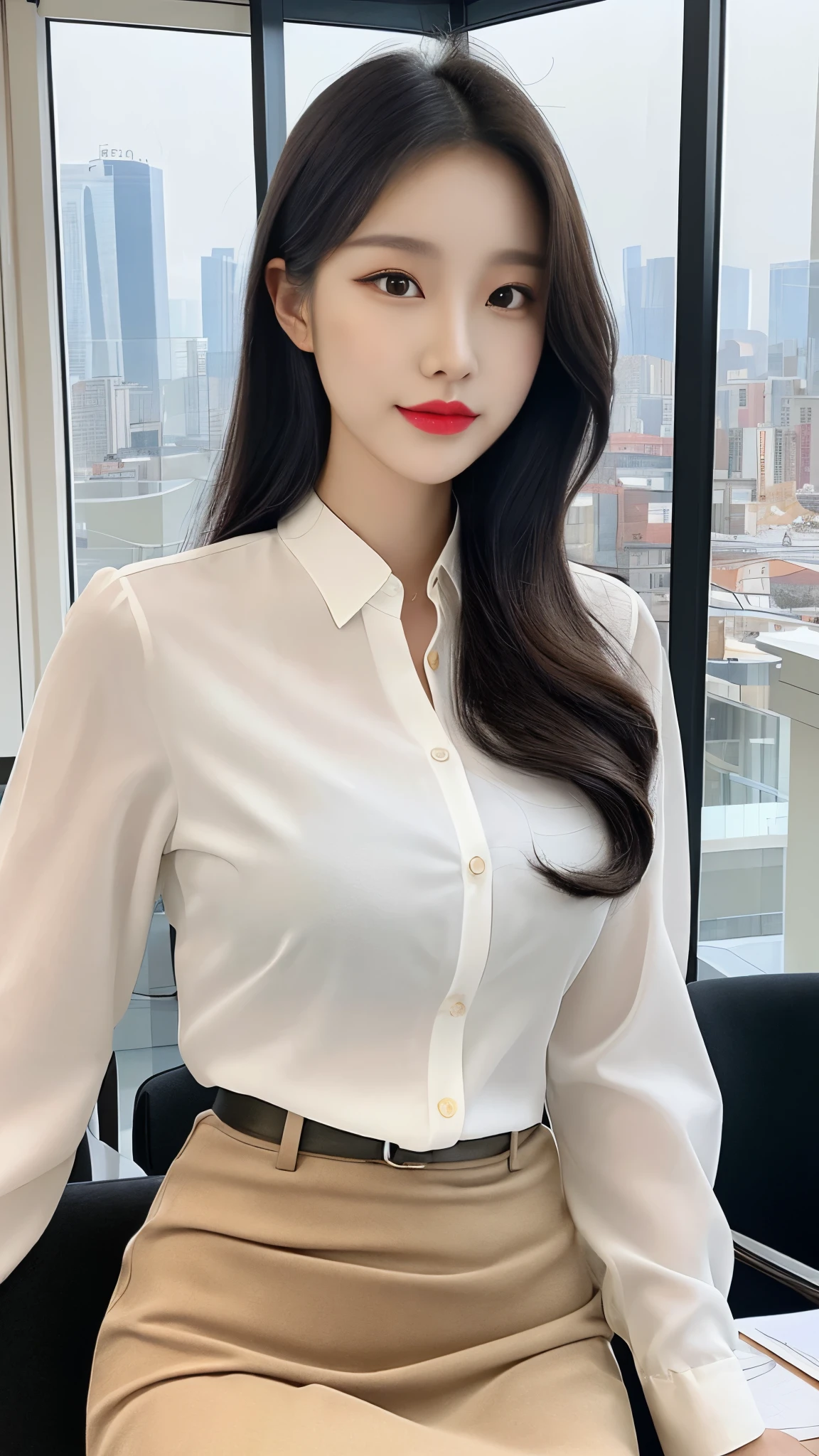 woman wearing skirt and blouse, work in the office, Take a look at MacBook, female boss, Modern office interior, wide windows, city view, soft white tight clothes suit, Gorgeous young Korean woman, Elegant clothes을 입고, Elegant clothes, beautiful korean women, Elegant slim beige shirt, Korean woman, Korean woman, white fashionable clothes, Beautiful young Korean woman, gorgeous woman, (surrealism), (illustration), (high resolution), (8 thousand), (very detailed), (Best illustration), (beautiful and delicate eyes), (best quality), (very detailed), (table top), (wallpaper), (detailed face)