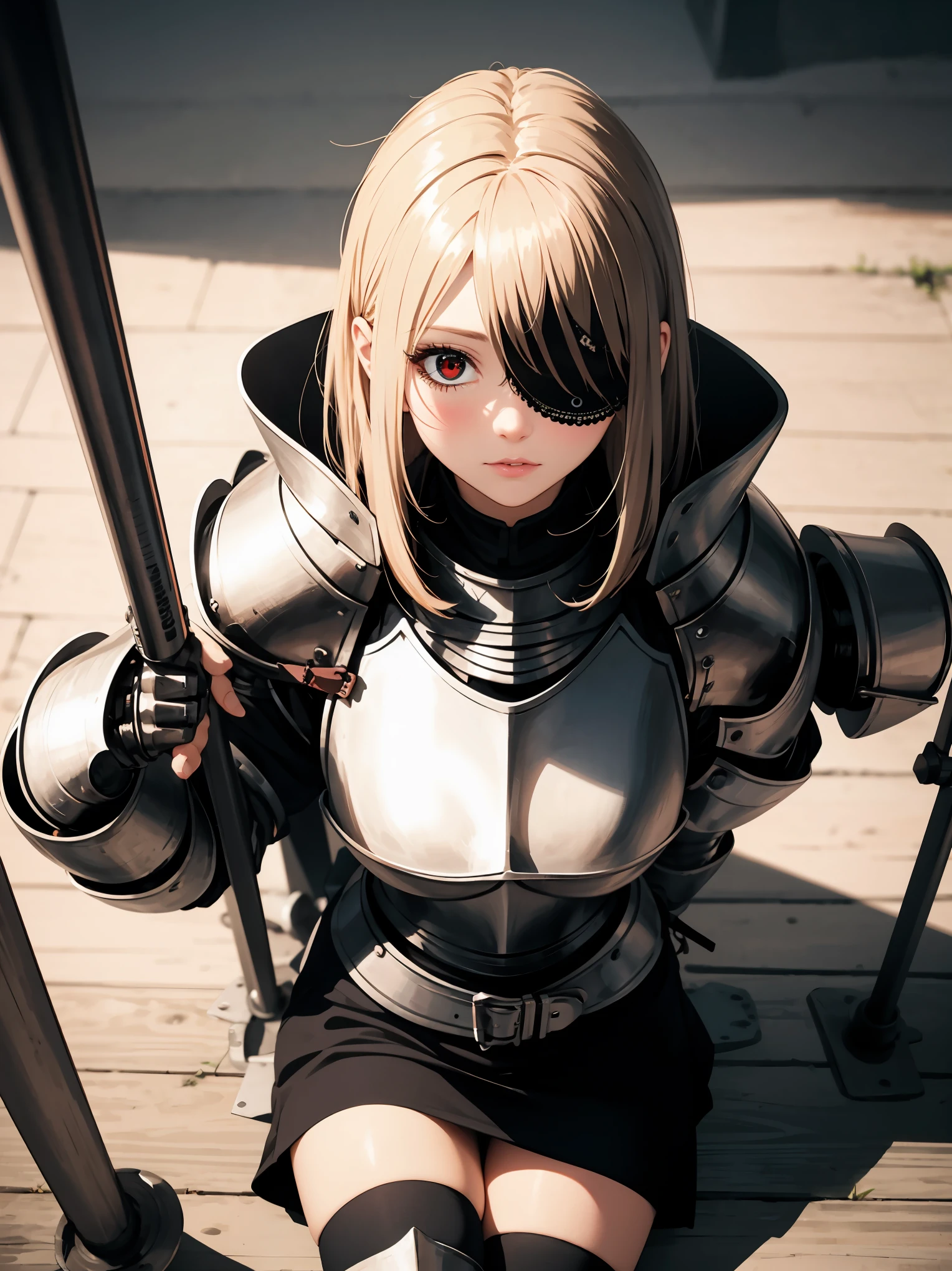 Masterpiece, high quality, high quality illustration, vast expanse of medieval cityscape, upper body girl, (((( heavily armed knight, metal sheen, )))) skirt, black knee-high, ((waving)) dark blonde, (((((( one-eyed hair, )))))), one-length bob cut braided style, blunt fringes, red eyes, looking at me, ((blushing)), ((sitting in split seat)) adventurer ((from above)), bold posse,