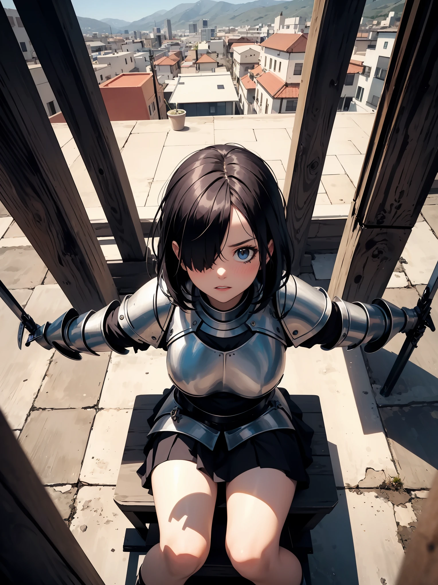 Masterpiece, high quality, high quality illustration, vast expanse of medieval cityscape, upper body girl, (((( heavily armed knight, metal sheen, )))) skirt, black knee-high, ((waving)) dark blonde, (((((( one-eyed hair, )))))), one-length bob cut braided style, blunt fringes, red eyes, looking at me, ((blushing)), ((sitting in split seat)) adventurer ((from above)), bold posse,