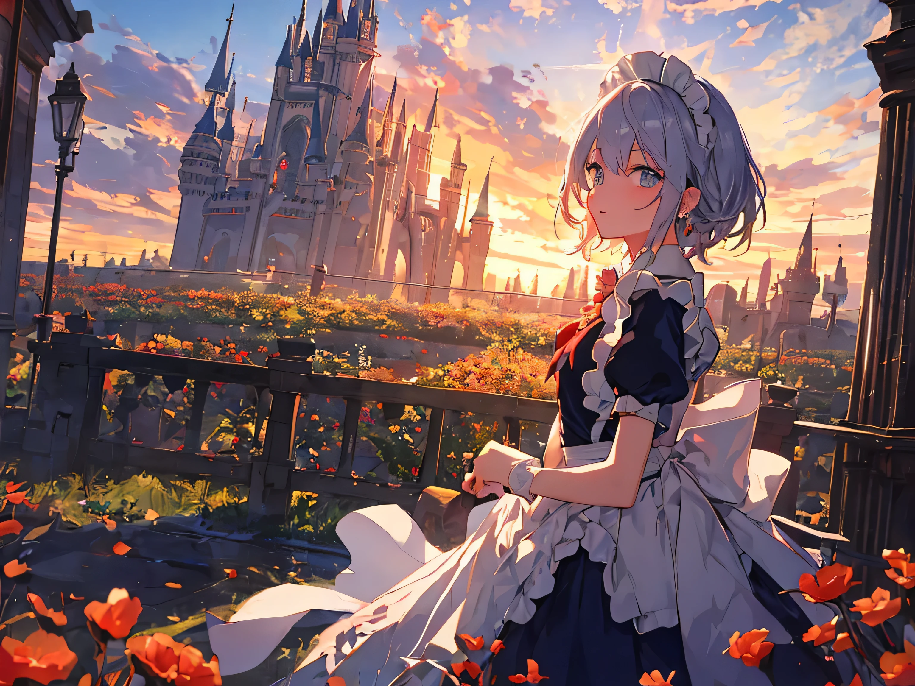 masterpiece, concept art, A girl standing in a flower field with a castle in the background, Introduced on pixiv, animated disney movie palette, Red-blue, scattered light, portrait of a dreamer, Huge tower, Feywild, 36K quality, {{{{{A maid looking at the night view from the top of a high tower}}}}}, high quality background, High-definition game background CG, 2D, god{{{{{anime style face}}}}}, One maid, Long contour, masterpiece, highest quality, 32K, hyper detail, exquisite blue eyes, Expressionless and condescending, upper grade, Maid clothes, White short hair details, {{{blue archive}}}, Medium chest, cityscape, ultra high resolution,most detailed,Complex,8k,HDR, sunset sky and contrails, fold your arms,