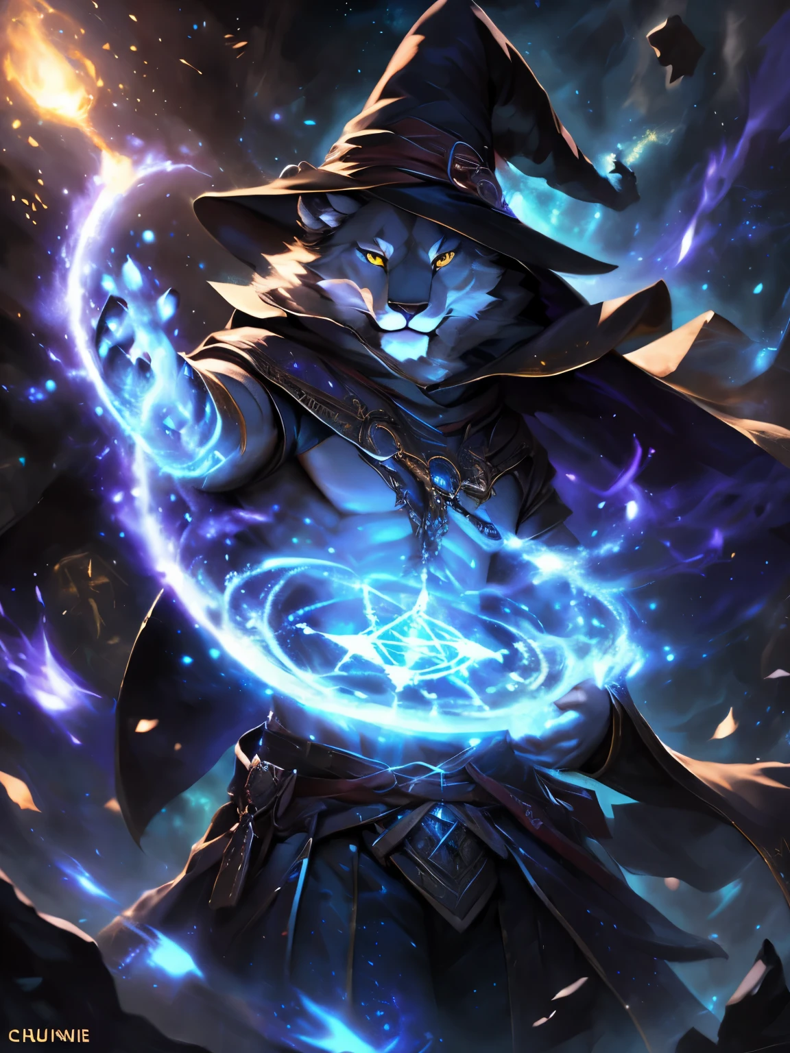4k, ,8K, A high resolution, best quality, perfect colors, perfect shadows, perfect lighting, posted on e621, (by Chunie, by canyne khai, by t.y.starale), male, furry, Lion anthro, solo, Yellow eyes, (Realistic eye details 1.2), witch wear, Magic in hand, magic circle, witchcraft, spell magic, magic energy, (masterpiece, best quality:1.4),(ridiculous, high resolution, Super detailed:1.2),(Use black magic:1.4), Full body, slim body, abs, Muscular, fighting pose, fighting, battle, battle magic spell, in a panoramic view, dramatic lighting, soft lighting, day, highly detail, (Detailed eyes), perfect pupils, detail eyes, detail fluffy fur, (seductive face:1.2), (correct anatomy:1.2), fit body, fit body, perfect male figure, Detailed fur, Detailed face, Perfect face, Detailed background, (Complex), (Super Detail), (Ultra Clear), (Best Quality)