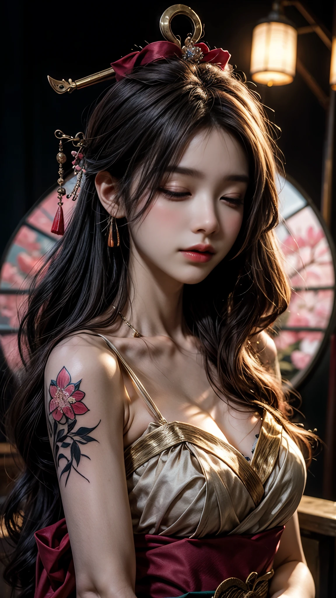 (masterpiece, top quality, best quality, official art, Pretty and beautiful:1.2), (1 Noodle Girl:1.3),(Clear facial features),(black eyes)(high nose)neon,Motion light,Fractal fire, Very detailed content,(Fractal Art:1.1),(rich and colorful:1.1)(Tattoo:1.3),Most detailed,(Tangled:1.2), Full body female, (Abstract Background:1.3), (glowing skin), (Many colors:1.4), ,(Ear nipple rings), (Advantage:1.5),Upper body close-up