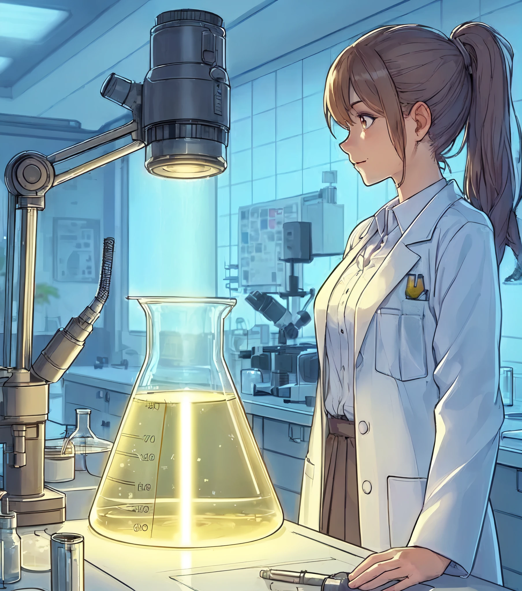 1lady solo, sitting (gazing at beaker), (holding compact flashlight) illuminating inside of beaker, scientist, (white lab coat) stylish outfit, mature female, /(black hair/) bangs, (light smile:0.8) (eye filed with concentration), (masterpiece best quality:1.2) delicate illustration ultra-detailed, medium breasts BREAK ((beaker containing turbid solution:1.2) on desk), ((thick line of light:1.1) in beaker), (floating dust), (Tyndall effect) BREAK (modern laboratory filled with equipment) indoors, detailed background