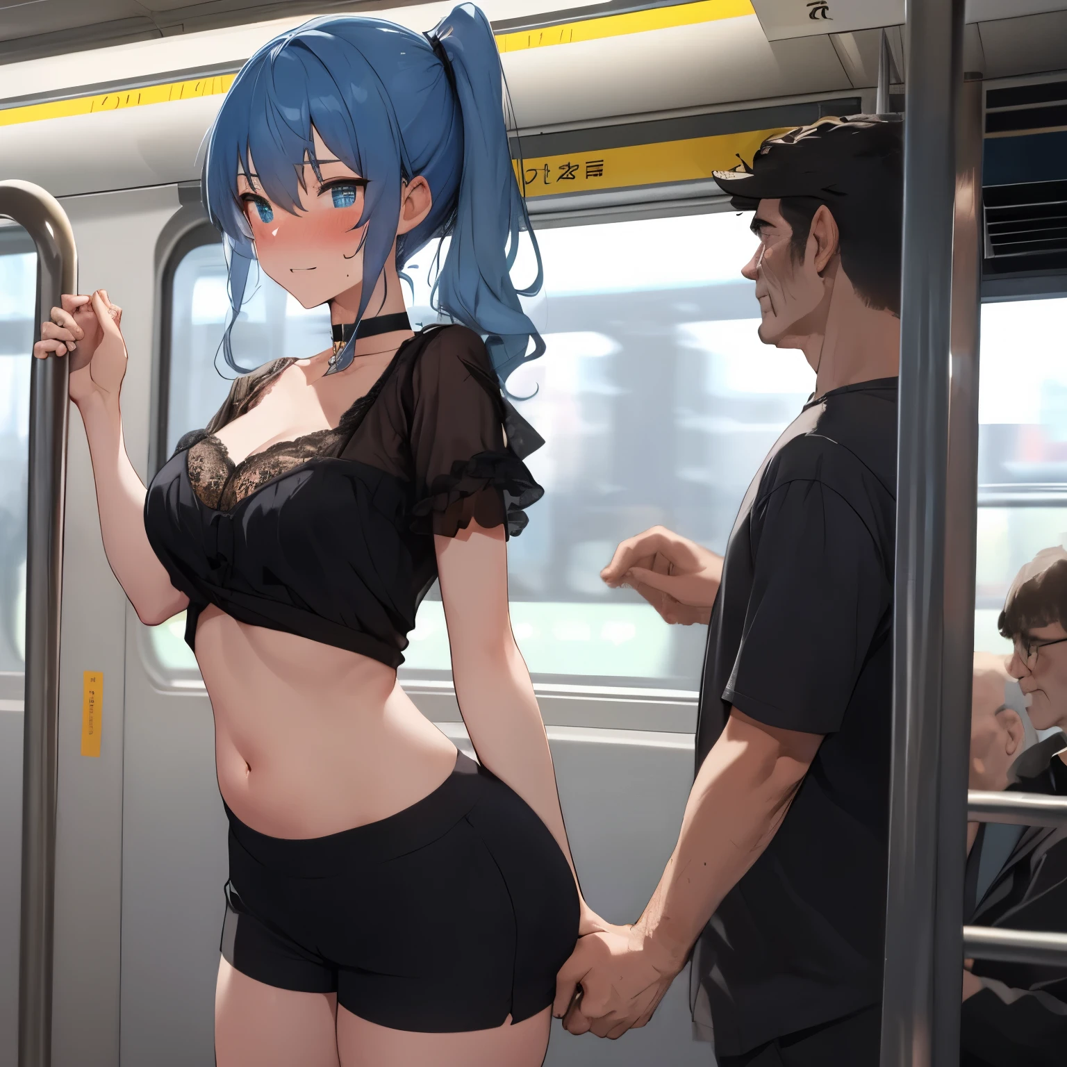 NSFW,Hoshimachi Suisei,blue eyes,blue hair,choker,hair between eyes,medium hair,side ponytail,スターchoker,small breastasterpiece:1.2), highest quality, High resolution,(detailed and beautiful eyes:1.6),(perfect hands, perfect anatomy),(((masterpiece))),((highest quality)),embarrassed face,blush,teeth clenched,whole body,ruffle cropped shirt,Micro Mini Hot Pants,belly button,cleavage,1 male,being molested,My chest is being touched from behind by a middle-aged man,My butt is being touched from behind by a middle-aged man,arms raised,crowded train