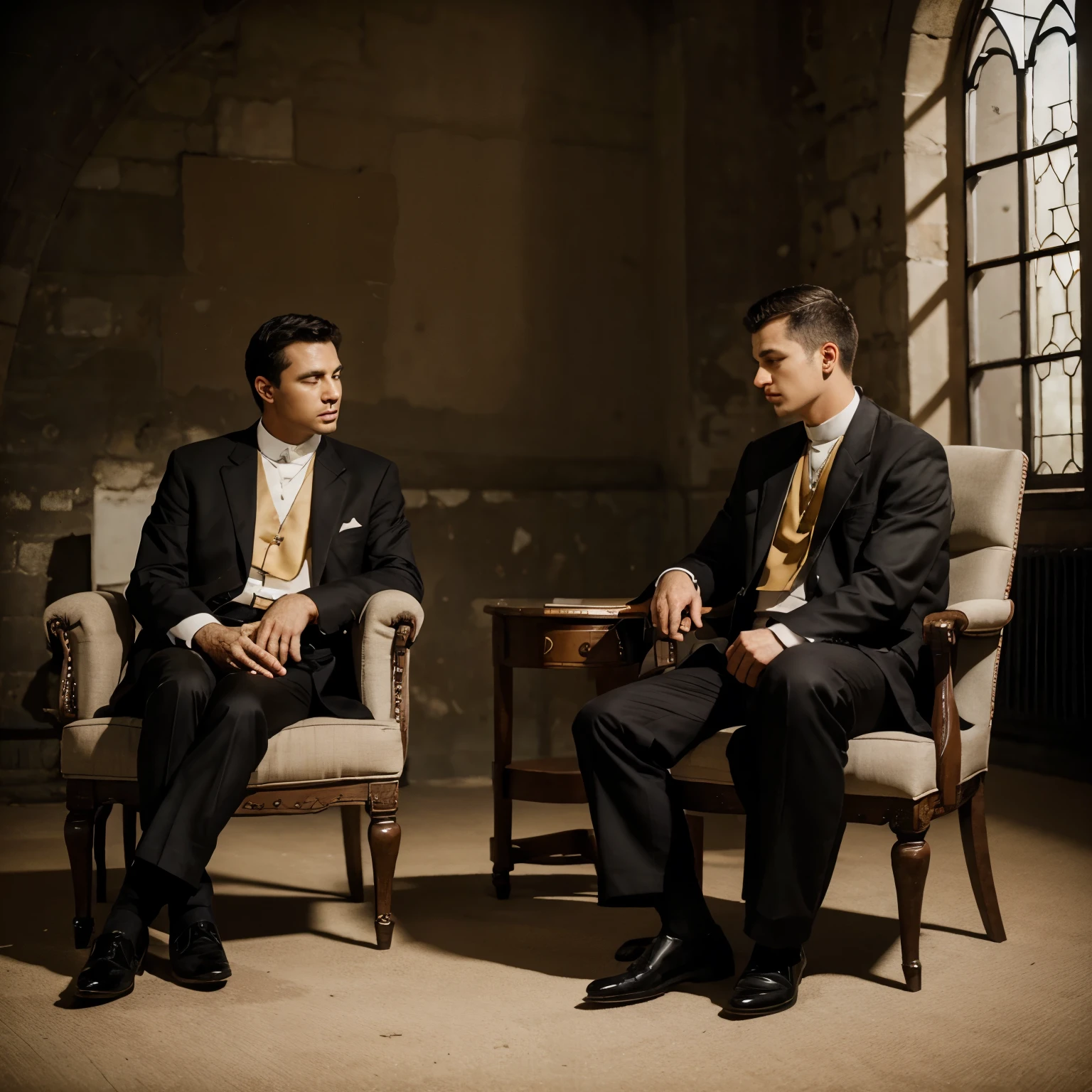 Landscape - two priests sitting in a chair thinking about what to do