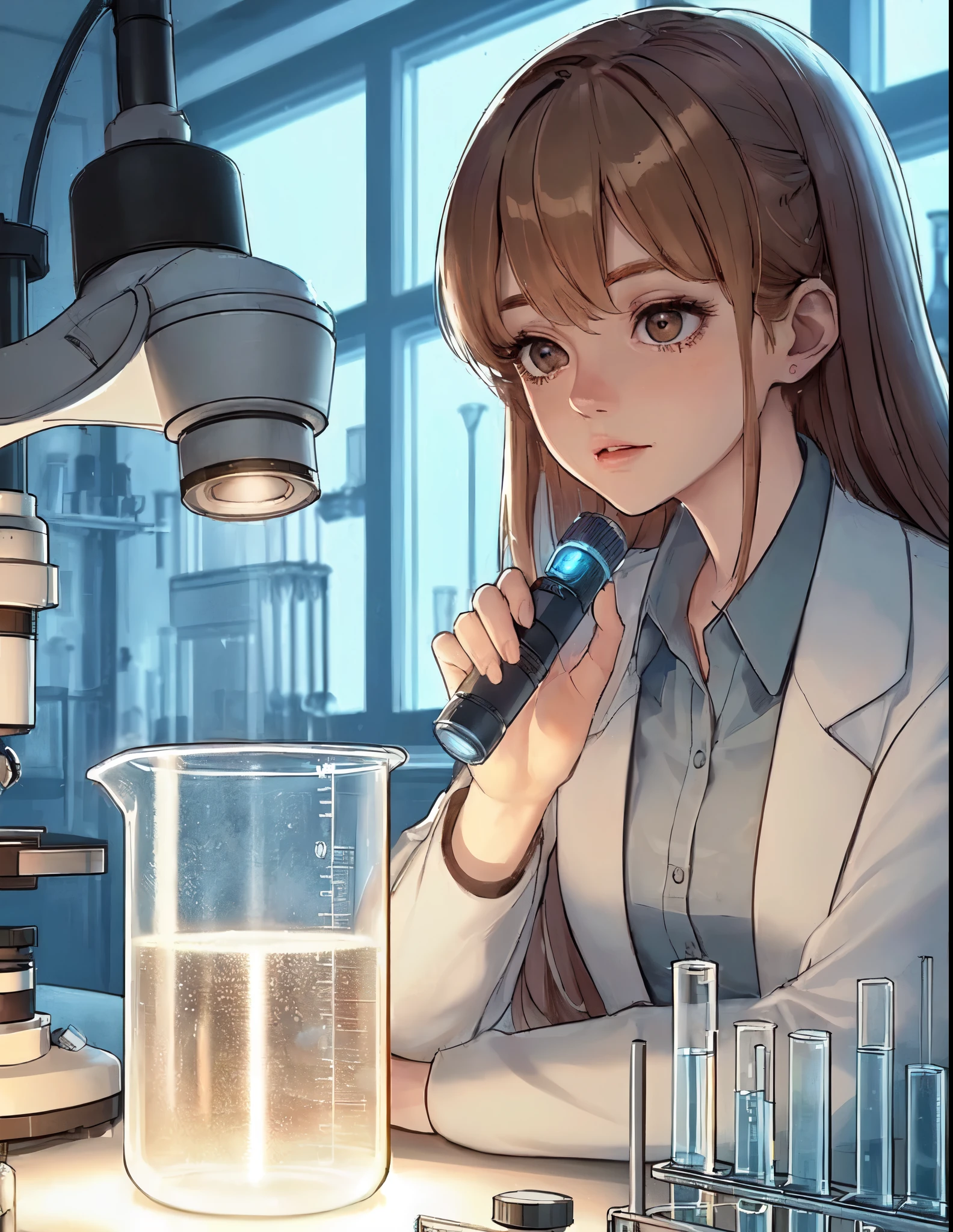 1lady solo, sitting (gazing at beaker), (white lab coat) stylish outfit, mature female, /(light brown hair/) bangs, (light smile:0.8) (eye filed with concentration), (masterpiece best quality:1.2) delicate illustration ultra-detailed, medium breasts BREAK ((beaker containing turbid solution:1.2) on desk), ((thick line of light:1.1) in beaker), (floating dust), (Tyndall effect) BREAK (modern laboratory filled with equipment) indoors, (flashlight illuminating inside of beaker), detailed background