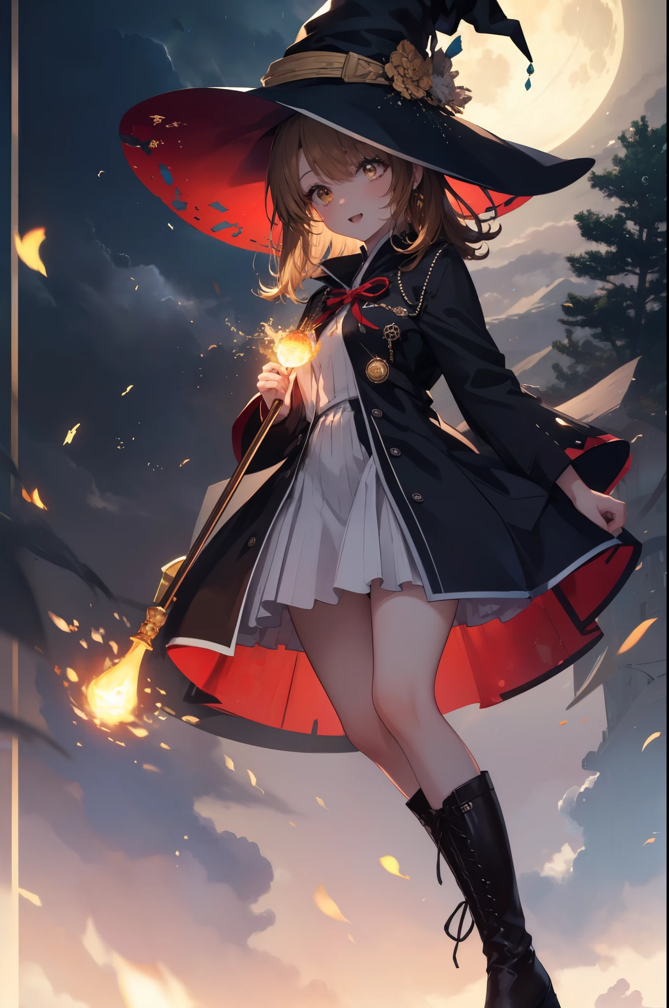 irohaisshiki, iroha isshiki, long hair, brown hair, (brown eyes:1.5), smile,witch hat,Witch Dress,long skirt,short boots,staff 1:1, holding staff 1:1, mouth open,long magic wand 1:magic to have one(thunder)is putting out,ability(thunder,)
"Witch's Covenant": 月明かりに照らされたforestに集まったWitch's Covenantを示す暗くて雰囲気のある画像, Surrounded by swirling mist、Cast spells under the watchful eye of the shining full moon,
break outdoors, forest,
break looking at viewer, 
break (masterpiece:1.2), highest quality, High resolution, unity 8k wallpaper, (figure:0.8), (detailed and beautiful eyes:1.6), highly detailed face, perfect lighting, Very detailed CG, (perfect hands, perfect anatomy),