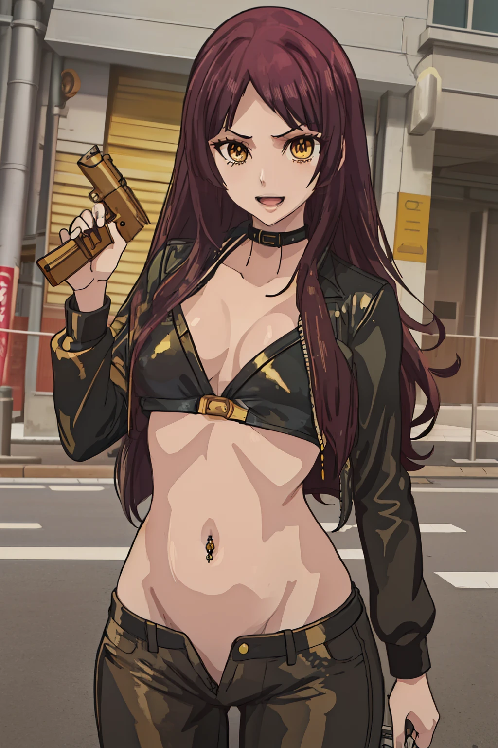 {taniguchi_harumi_citrus:1.15}, long_hair, brown_eyes, bangs, brown_hair, blunt_bangs, yellow_eyes, hime_cut, purple_hair
masterpiece, best quality, highly detailed, a girls with a gun, evil smile , open mouth, sexy gaze, badass pose , evil smile, smile, (nsfw) not safe for work, guns blazing, anime girl with long hair, beautiful long haired girl, navel, evil expression, exposed belly, exposed navel, exposed midriff, exposed lower belly, long black pants, crop top, cleavage, unbuttoned leather pants ,open fly, low rise black leather pants, leather jacket, holding a gun, outdoor,street,road, navel piercing