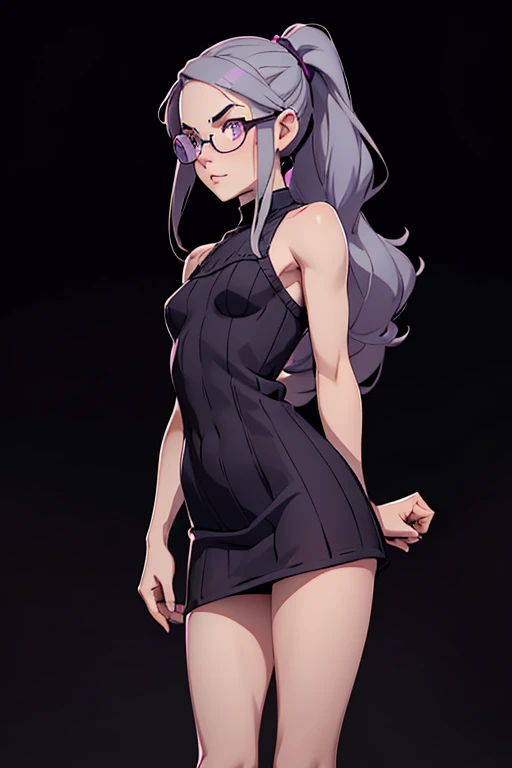 Detailed,8K, detailed shadow, Black background, Cute Girl, pale skin, , Narrow waist, flat chest, Small breasts, Purple eyes, embarrassed, Gray hair, absurdly long hair, Wavy Hair, Ponytail, (Knitted mini dress that kills virgins:1.3), eye glasses,