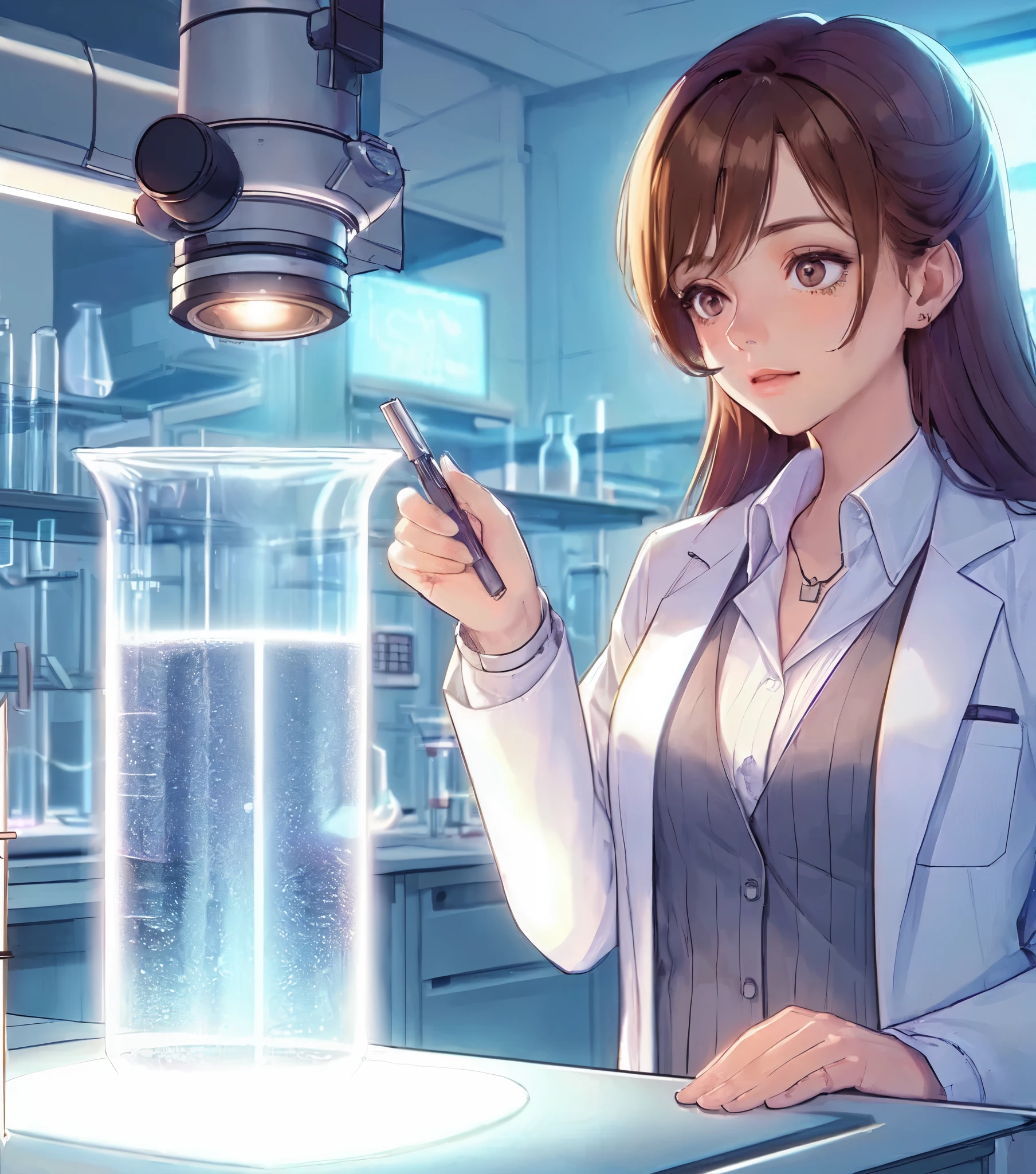 1lady solo, sitting (gazing at beaker), (white lab coat) stylish outfit, mature female, /(brown hair/) bangs, (light smile:0.6) (eye filed with concentration), (masterpiece best quality:1.2) delicate illustration ultra-detailed, medium breasts BREAK ((beaker containing turbid solution:1.2) on desk), ((thick line of light:1.1) in beaker), (floating dust), (Tyndall effect) BREAK (modern laboratory filled with equipment) indoors, (flashlight illuminating inside of beaker), detailed background