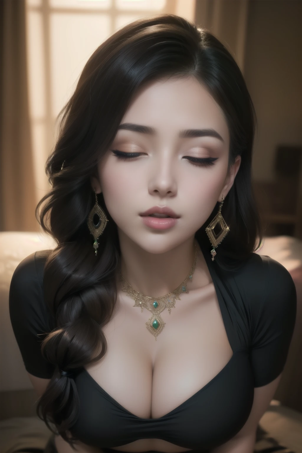 (best quality,highres),sexy woman with thick, braided hair, lustful gaze, and sultry pose, emphasizing her intense sensuality. Her face has beautifully defined features, including long eyelashes and plump lips. Her medium-sized chest is accentuated by a revealing crop top, drawing attention to her alluring cleavage. Her hands rest confidently on her curvy hips, exuding a sense of power and allure. She is dressed in a fashionable miniskirt, adding to her seductive appeal. The image captures her irresistible confidence and magnetism.
For the background, a dimly lit, atmospheric setting amplifies the woman's enchanting presence. Soft, warm lighting casts an inviting glow on her feminine silhouette. The color palette consists of rich, deep shades, accentuating her captivating beauty. The image exudes a seductive and glamorous aura, capturing the viewer's attention and leaving a lasting impression.
Medium: Photorealistic portraits
Additional details: Smoky eye makeup, perfectly manicured nails, high heels, striking accessories such as statement earrings or a delicate necklace.