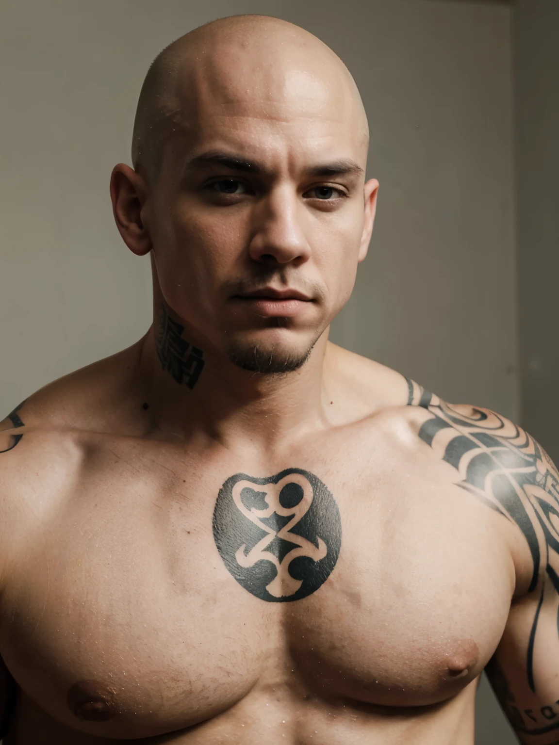 White, bald, goatee, skinhead, tattoos, masculine face, bodybuilder