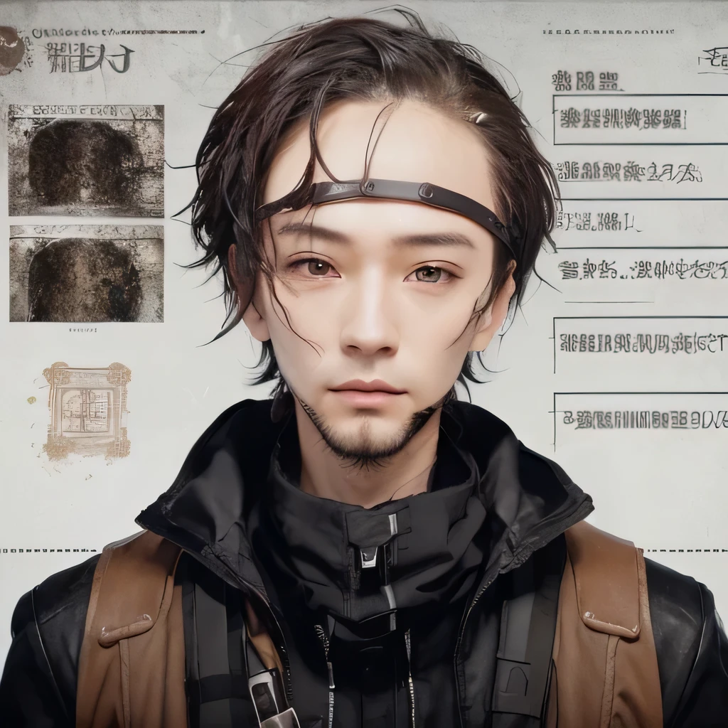 create an open identity passport in a dystopian apocalyptic era using Chinese languages of a beautiful short dark hair anime style 40 years old man with bears and black and brown dystopian survivor clothes, he has brown eyes.