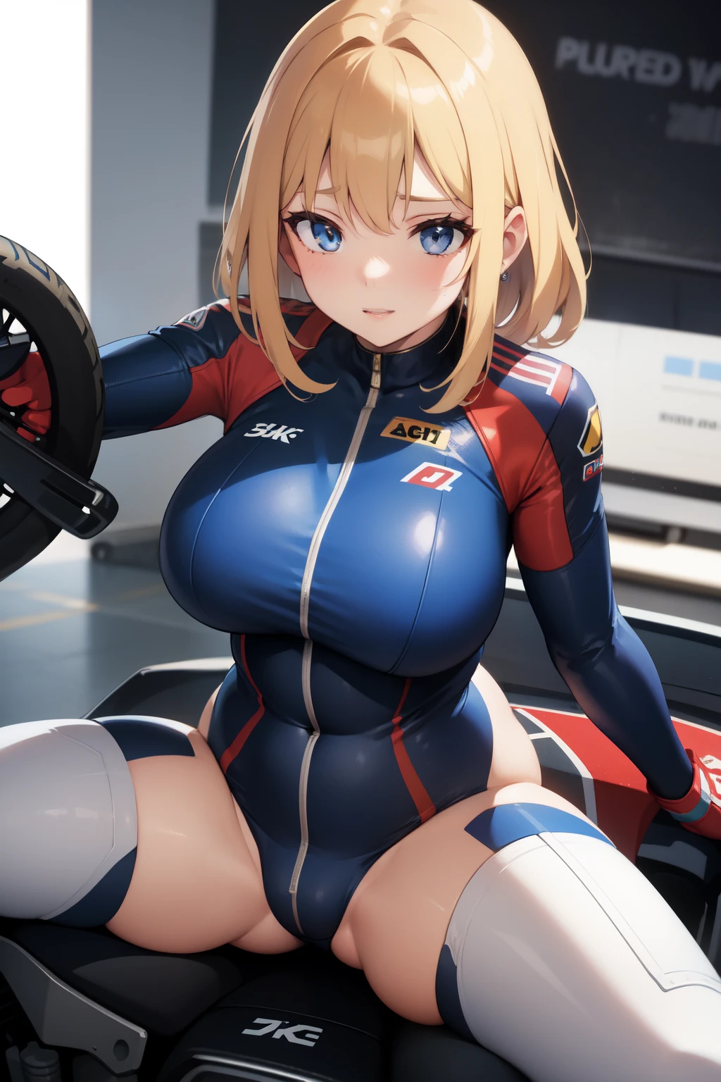 Plump girl, erotic pose,motorGP suit,supine position , open two legs wide ,4k, showing crotch area, w position