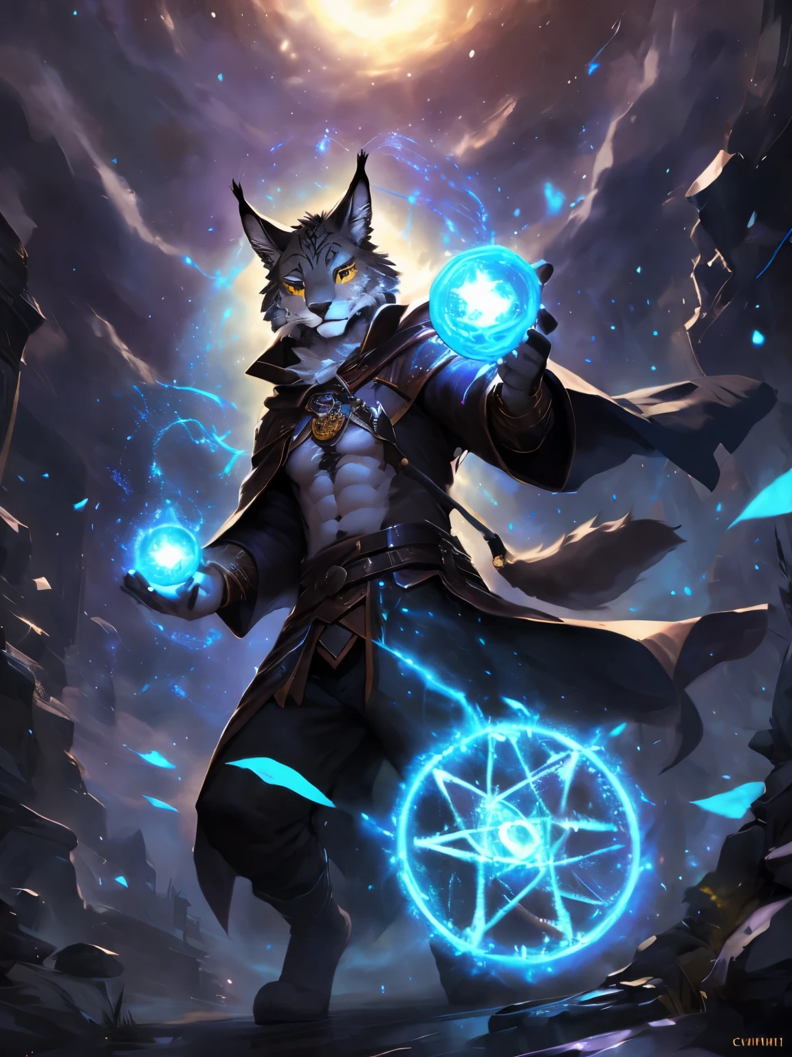 4k, ,8K, A high resolution, best quality, perfect colors, perfect shadows, perfect lighting, posted on e621, (by Chunie, by canyne khai, by t.y.starale), male, furry, Lynx anthro, (Lynx Tail), solo, Yellow eyes, (Realistic eye details 1.2), witch wear, Magic in hand, magic circle, witchcraft, spell magic, magic energy, (masterpiece, best quality:1.4),(ridiculous, high resolution, Super detailed:1.2),(Use black magic:1.4), Full body, slim body, abs, Muscular, fighting pose, fighting, battle, battle magic spell, in a panoramic view, dramatic lighting, soft lighting, day, highly detail, (Detailed eyes), perfect pupils, detail eyes, detail fluffy fur, (seductive face:1.2), (correct anatomy:1.2), fit body, fit body, perfect male figure, Detailed fur, Detailed face, Perfect face, Detailed background, (Complex), (Super Detail), (Ultra Clear), (Best Quality)