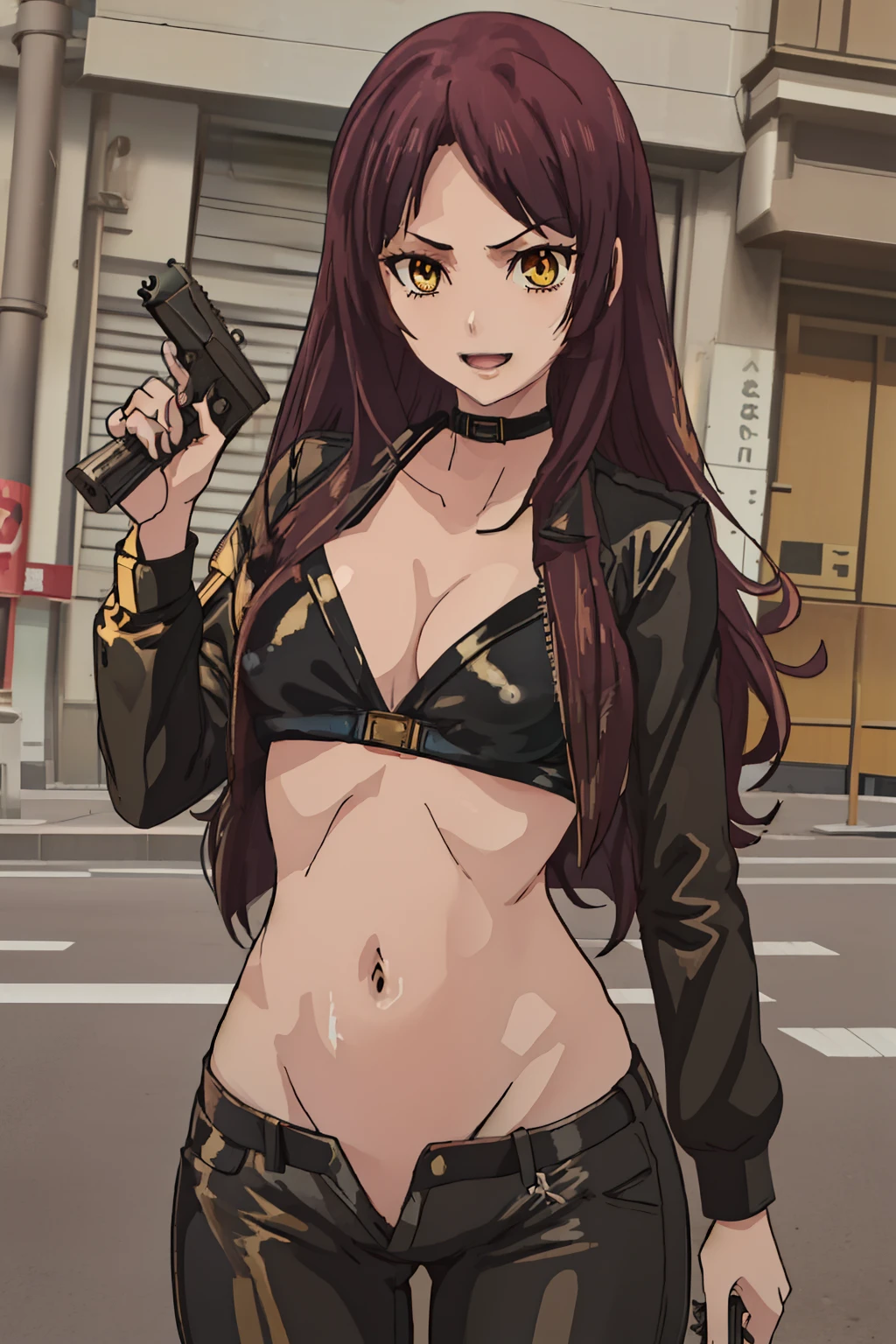  {taniguchi_harumi_citrus:1.15}, long_hair, brown_eyes, bangs, brown_hair, blunt_bangs, yellow_eyes,  hime_cut, purple_hair
masterpiece, best quality, highly detailed, a girls with a gun, evil smile , open mouth, sexy gaze, badass pose , evil smile, smile, (nsfw) not safe for work, guns blazing, anime girl with long hair, beautiful long haired girl, navel, evil expression, exposed belly, exposed navel, exposed midriff, exposed lower belly, long black pants, crop top, cleavage, unbuttoned leather pants ,open fly, low rise black leather pants, leather jacket, holding a gun, outdoor,street,road,