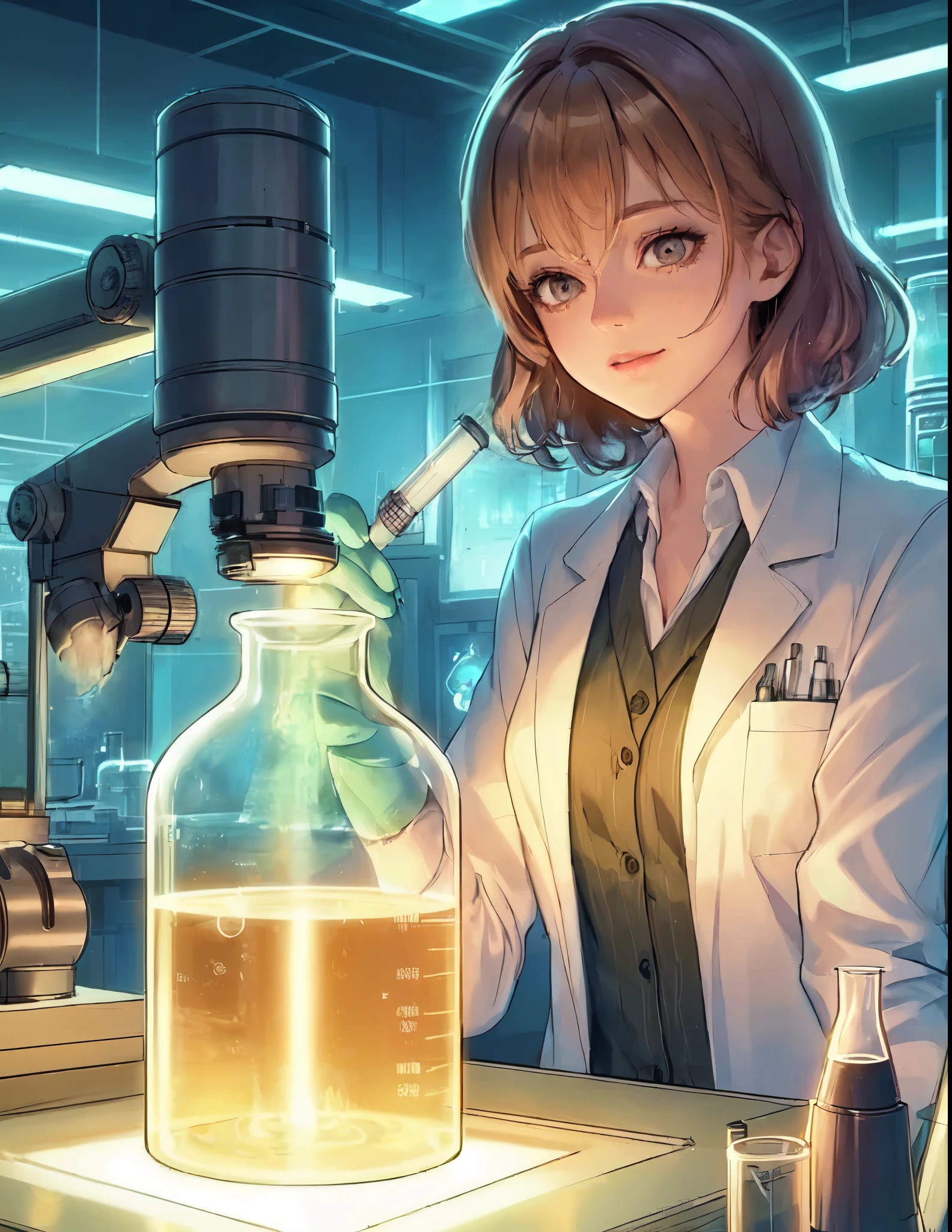 1lady solo, sitting (gazing at beaker), (holding compact flashlight) illuminating inside of beaker, scientist, (white lab coat) stylish outfit, mature female, /(black hair/) bangs, (light smile:0.8) (eye filed with concentration), (masterpiece best quality:1.2) delicate illustration ultra-detailed, medium breasts BREAK ((beaker containing turbid solution:1.2) on desk), ((thick line of light:1.1) in beaker), (floating dust), (Tyndall effect) BREAK (modern laboratory filled with equipment) indoors, detailed background