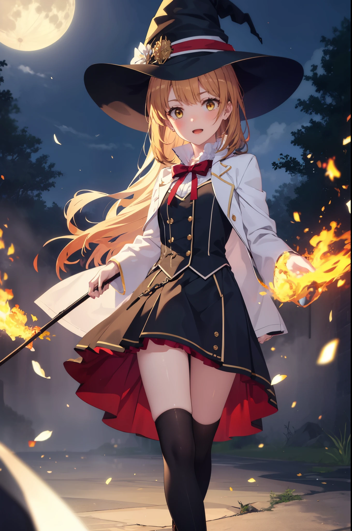 irohaisshiki, iroha isshiki, long hair, brown hair, (brown eyes:1.5), smile,witch hat,Witch Dress,long skirt,short boots,staff 1:1, holding staff 1:1, mouth open,long magic wand 1:magic to have one(thunder)is putting out,ability(thunder,)
"Witch's Covenant": 月明かりに照らされたforestに集まったWitch's Covenantを示す暗くて雰囲気のある画像, Surrounded by swirling mist、Cast spells under the watchful eye of the shining full moon,
break outdoors, forest,
break looking at viewer, 
break (masterpiece:1.2), highest quality, High resolution, unity 8k wallpaper, (figure:0.8), (detailed and beautiful eyes:1.6), highly detailed face, perfect lighting, Very detailed CG, (perfect hands, perfect anatomy),