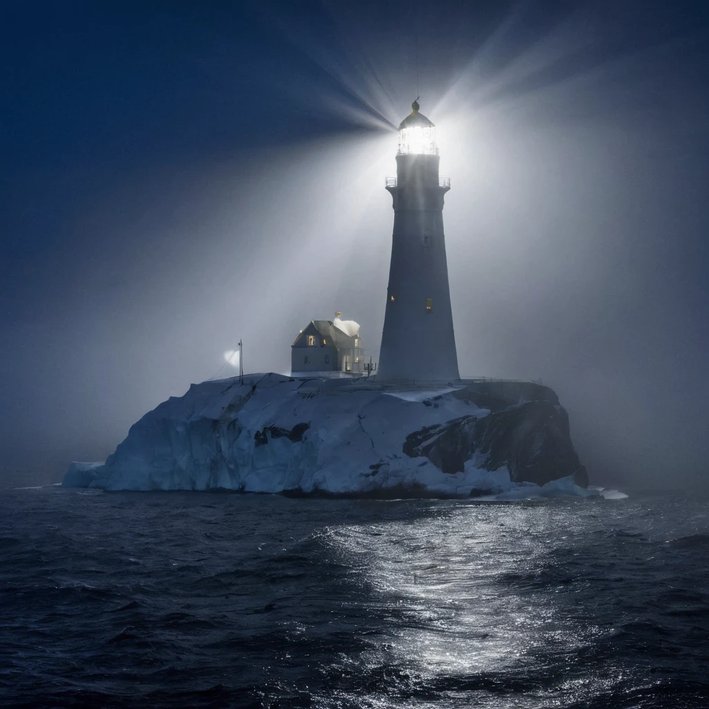 High Resolution, High Quality, Masterpiece. Heavy fog . Night. The expanding bright beam of the searchlight from the lighthouse highlighted an iceberg floating in the dark in the thick fog. The 35awards photopreeze. 32k