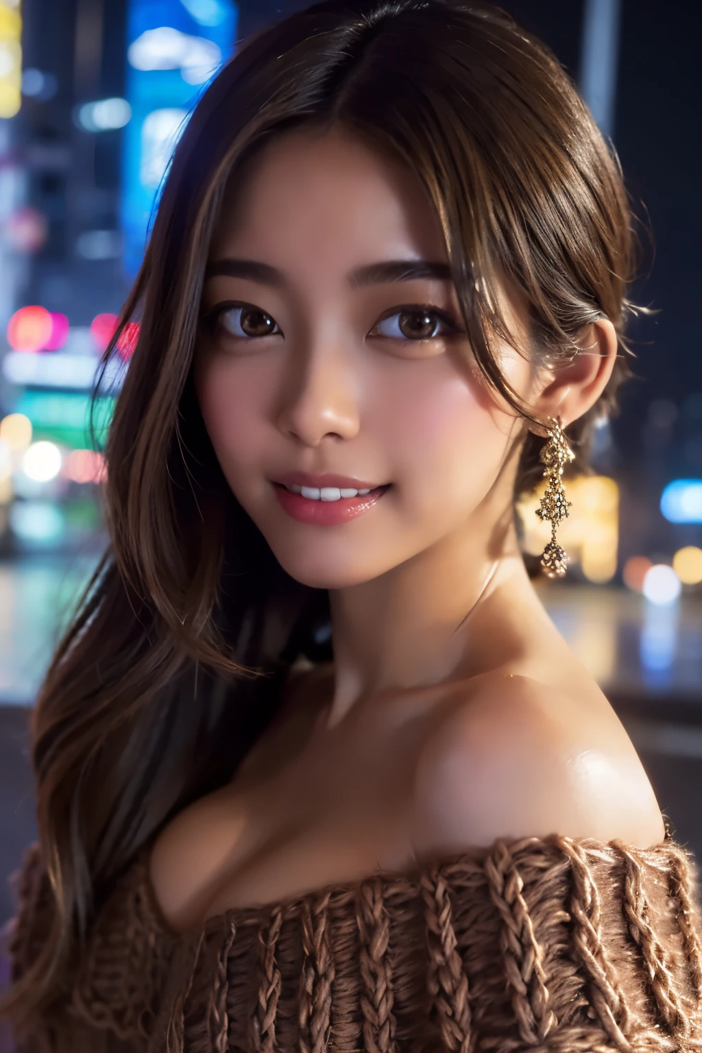 1 girl, (Wearing an off-shoulder knit top:1.6),(RAW photo, highest quality), (realistic, photo-realistic:1.4), masterpiece, very delicate and beautiful, very detailed, 2k wallpaper, wonderful, finely, very detailed CG unity 8k wallpaper, super detailed, High resolution, soft light, beautiful detailed girl, very detailed eyes and face, beautifully detailed nose, detailed and beautiful eyes,cinematic lighting,(in the city at night:1.4),(city night view:1.8),perfect anatomy,(slender body:1.0),(close up face:1.8),(laughter:1.4),(looking at the viewer:1.8),(japanese idol:1.8),(wavy hair), (brown eyes:1.8),(Are standing:2.0),(cleavage:1.4), 