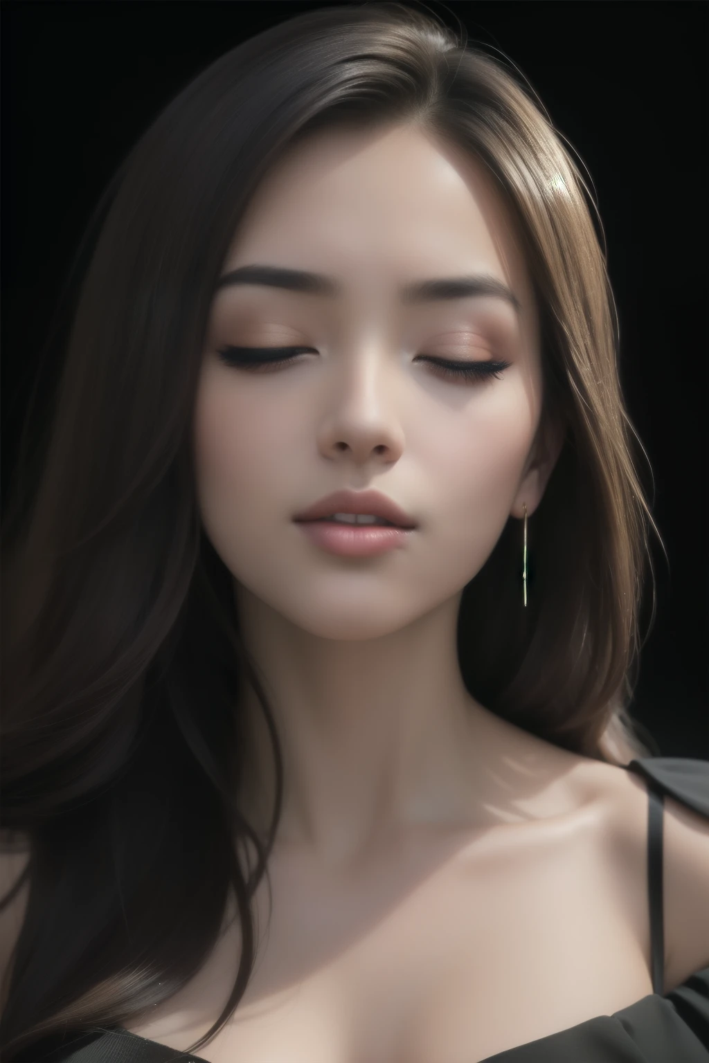 (best quality,4k,8k,highres,masterpiece:1.2),ultra-detailed,(realistic,photorealistic,photo-realistic:1.37),boldly redefine allure,alluring,seductive woman,portrait,woman,detailed eyes,detailed lips,wide-neck dress,shimmering black dress,curves of the dress,flowing fabric,sexy,confidence,subtle smile,eye-catching,alluring gaze,graceful pose,dark background,elegant,mesmerizing beauty,studio lighting,vivid colors,bold silhouette,high fashion,sophisticated style,feminine,ethereal,glamourous,breathtaking,rich texture,soft shadows,glossy texture,contrast,striking,dramatic lighting,glow,exquisite details,luxurious,artistic expression,color harmony