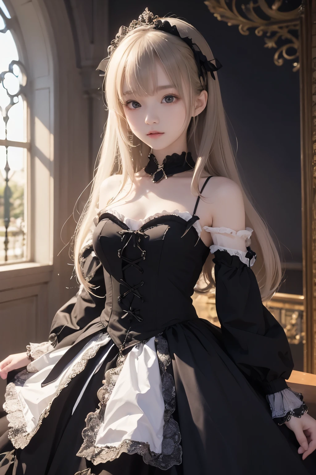 1 , (Highly detailed CG Unity 8k wallpaper), the most beautiful works of art in the world, Girl in Gothic Lolita dress, 10 year old girl, blonde, slim and young body, small breasts, white skin, Clothes with protruding shoulders,  with beautiful face, Wearing a Gothic Lolita dress, shine, Surrounded by fantastic light, dark purple dark background, fantastic background, looking at the viewer, cinematic lighting