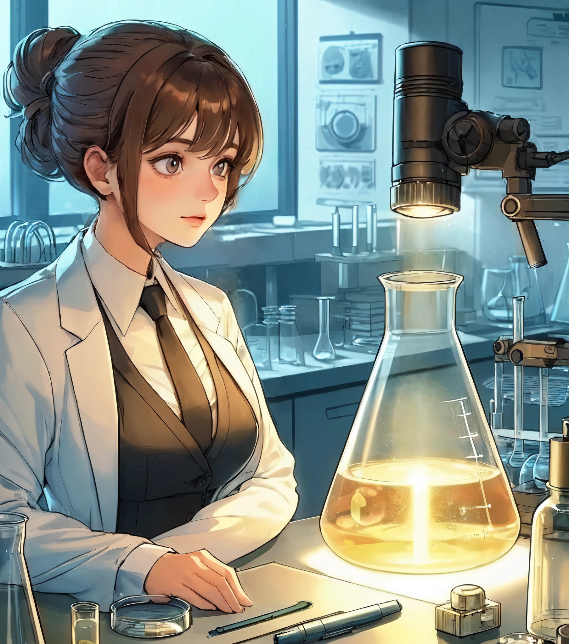 1lady solo, sitting (gazing at beaker), (white lab coat) stylish outfit, mature female, /(brown hair/) bangs, (light smile:0.8) (eye filed with concentration), (masterpiece best quality:1.2) delicate illustration ultra-detailed, medium breasts BREAK ((beaker containing turbid solution:1.2) on desk), ((thick line of light:1.1) in beaker), (floating dust), (Tyndall effect) BREAK (modern laboratory filled with equipment) indoors, (flashlight illuminating inside of beaker), detailed background