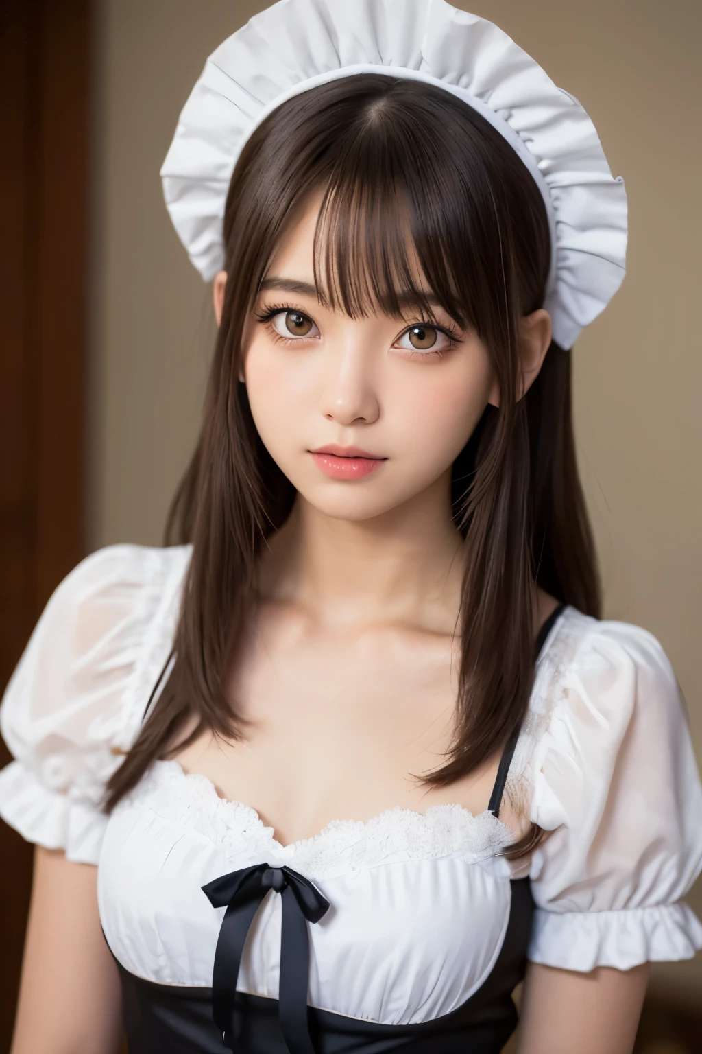 table top, highest quality, one girl, (beautiful girl:1.3), (16 years old:1.2), extremely fine-grained clarity, (symmetrical eyes:1.3), (maid costume, Cute Maid, Moe maid:1.2), beautiful breasts, brown eyes, parted bangs, brown hair