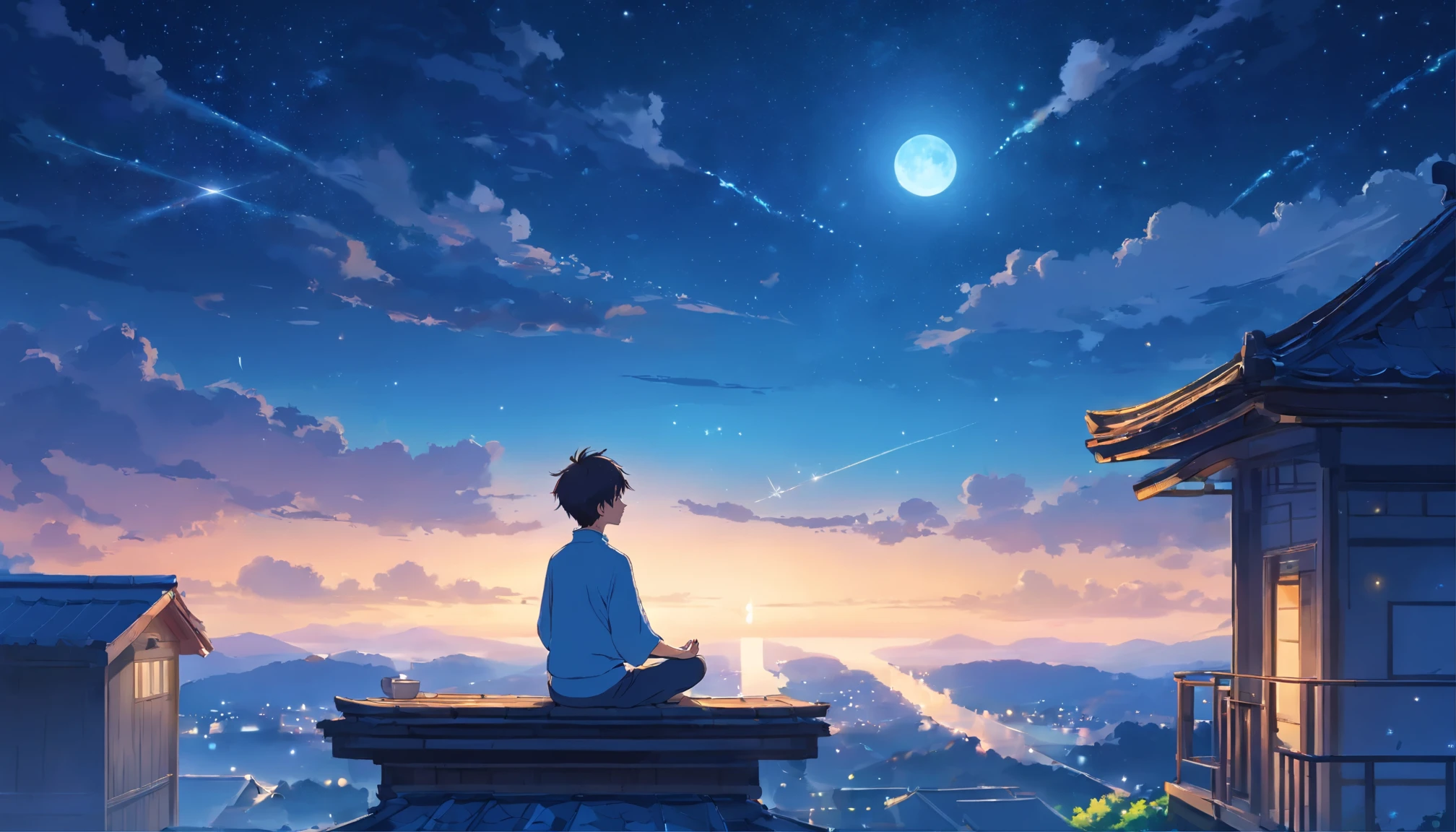 boy meditating on the roof of the house, starry sky,figure,High resolution,(highest quality:1.2),super detailed,(realistic:1.37),peaceful atmosphere,yoga poses,Spiritual Journey,quiet contemplation,Silhouette effect,quiet night,moon light reflection,calm and serene,sit cross-legged,Self-discovery,enlightenment,deep breath,A harmonious connection with the universe,breeze,accidental,Tranquility of the mind,harmony with nature,thoughtful expression,Clouds illuminated by moonlight,Inner peace,Rooftop illuminated by moonlight,Tranquility and tranquility,moonlit landscape,A peaceful dream-like experience,silence in solitude,peaceful inner world,fantastic atmosphere,Moonlit atmosphere,inner balance,moonlit meditation,quiet solitude,starry sky