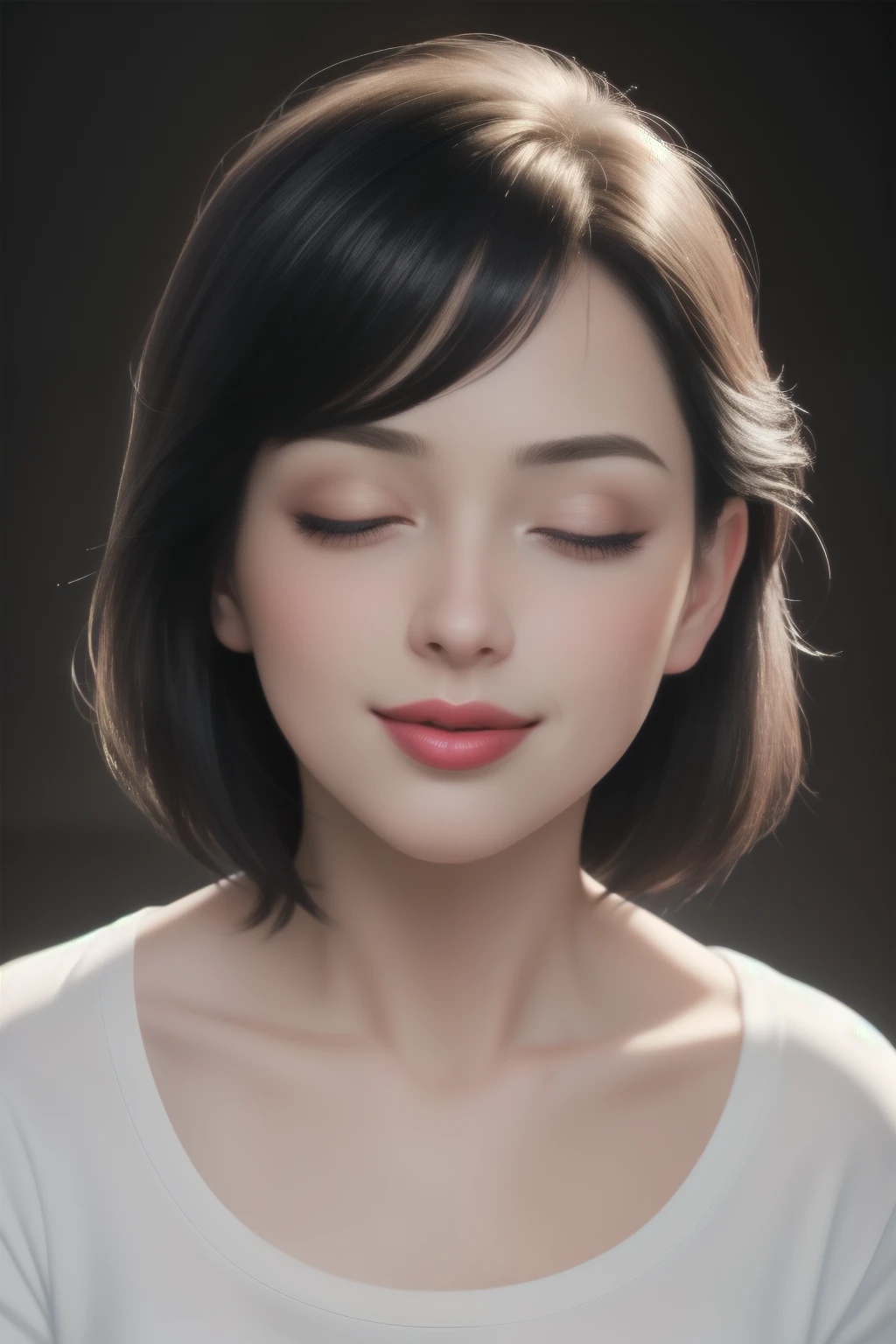 (best quality,4k,8k,highres,masterpiece:1.2),ultra-detailed,(realistic,photorealistic,photo-realistic:1.37),bright lighting,playful atmosphere,beautiful detailed eyes,beautiful detailed lips,dark eyelashes,smooth skin,sexy and cute woman,short black hair,bob style,plump face,seductive blue eyes,medium nose,deep pink blush,glossy red lips smiling,long neck,visible collarbone,white t shirt,vector illustration,soft focus,subtle shadows,vivid colors,stylish background,confident pose,sassy expression