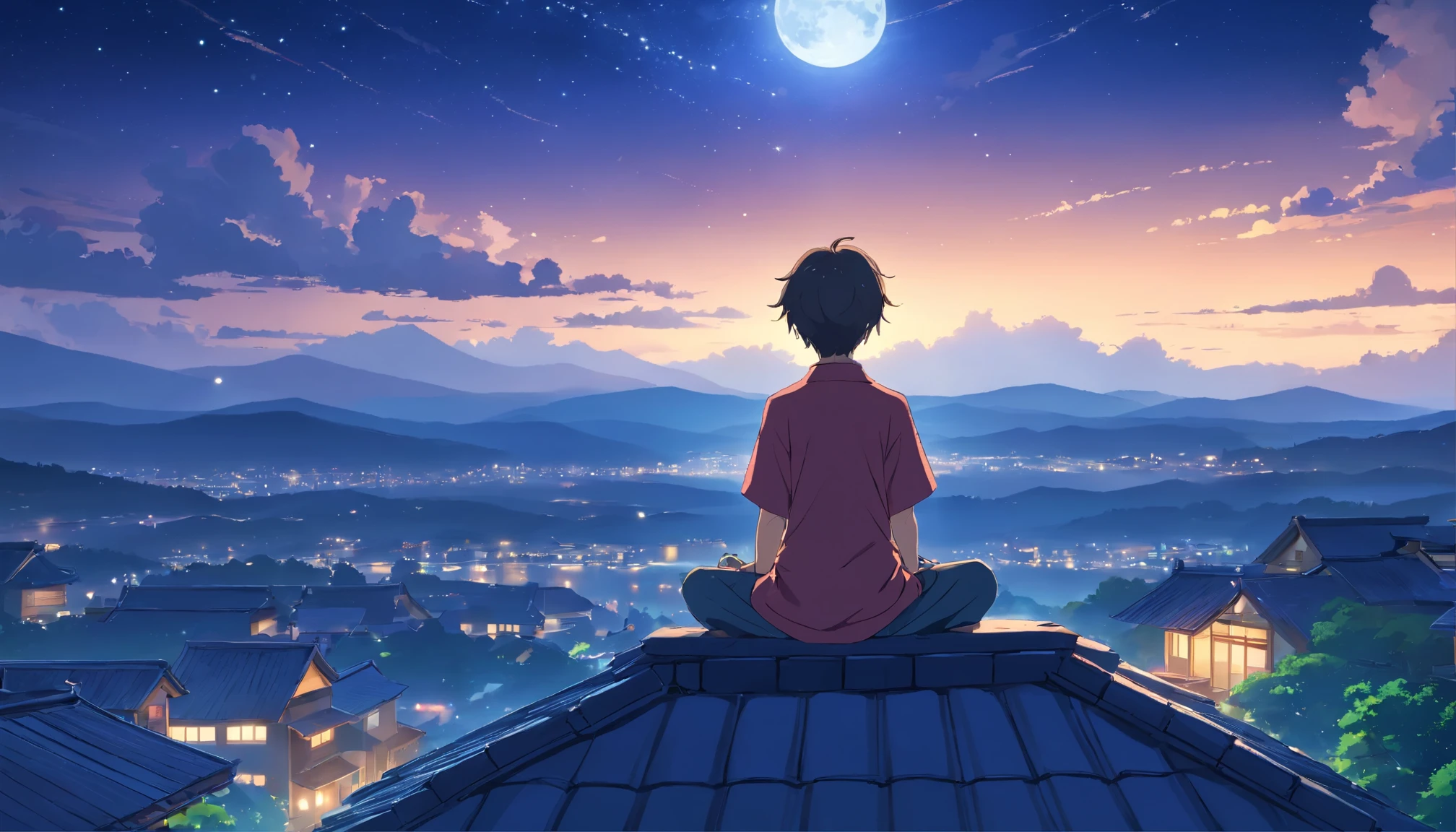 boy meditating on the roof of the house, starry sky,figure,High resolution,(highest quality:1.2),super detailed,(realistic:1.37),peaceful atmosphere,yoga poses,Spiritual Journey,quiet contemplation,Silhouette effect,quiet night,moon light reflection,calm and serene,sit cross-legged,Self-discovery,enlightenment,deep breath,A harmonious connection with the universe,breeze,accidental,Tranquility of the mind,harmony with nature,thoughtful expression,Clouds illuminated by moonlight,Inner peace,Rooftop illuminated by moonlight,Tranquility and tranquility,moonlit landscape,A peaceful dream-like experience,silence in solitude,peaceful inner world,fantastic atmosphere,Moonlit atmosphere,inner balance,moonlit meditation,quiet solitude,starry sky
