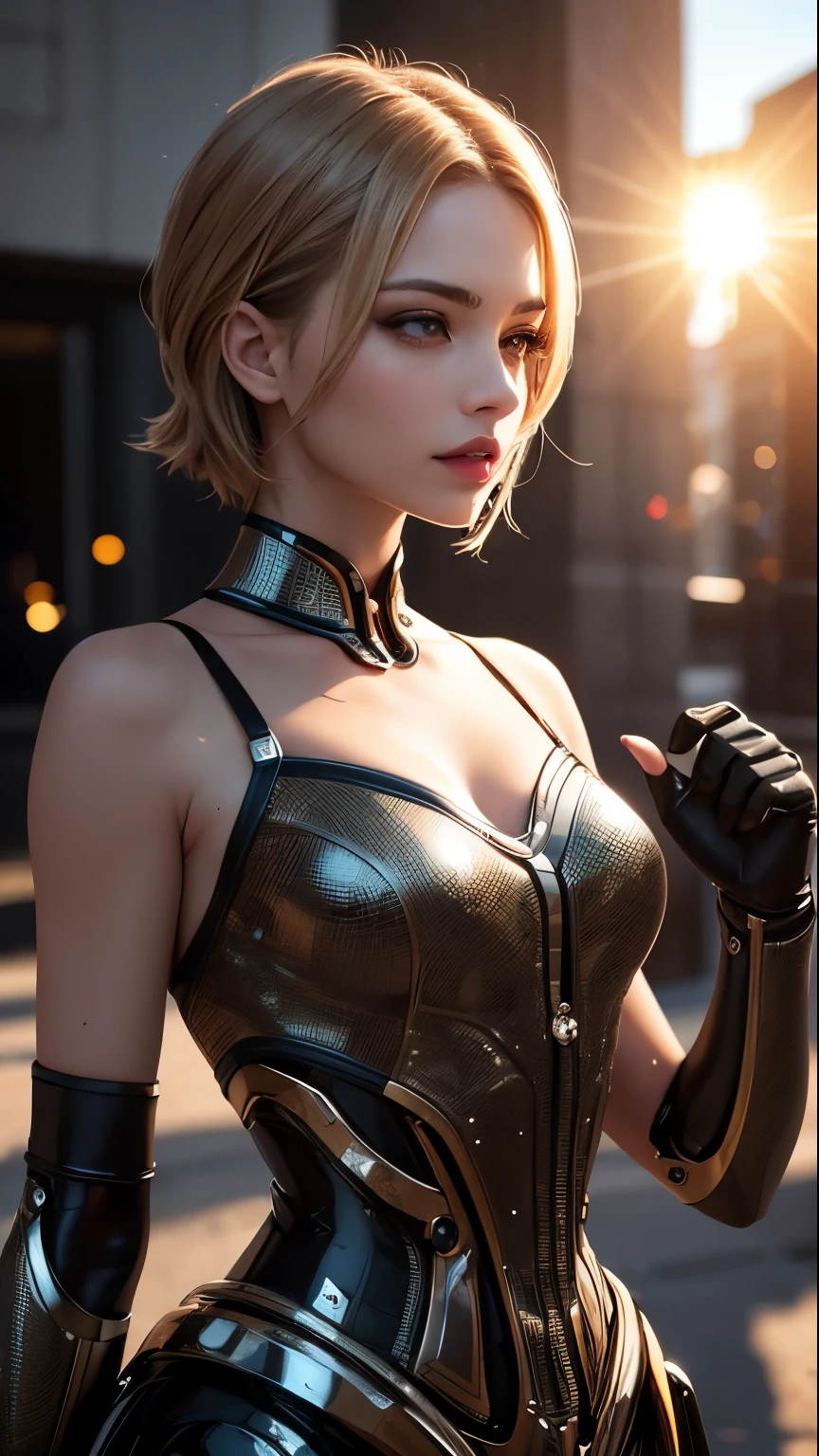 (skin dents:1.5), realistic, realistic, (masterpiece:1.5), concept art, intricate details, very detailed, realistic, octane rendering, 8k, unreal engine, dynamic pose, highest quality, High resolution, (realistic face:1.1), (hyper realism:1.1), ((full_body)), perfect eyes, (shiny skin: 1.2), (((hairstyle))), (((perfect hands)) ), (very detailed背景), ((dynamic background) ), ((sun)), (light), ((1 girl)), good looking, robot (((Shiny mechanical shape))), ((fine eyes, high quality eyes, high quality face)), (very complicated dress), short blonde hair, sun, sunlight, ((dramatic)), amazing, Depth of the bounds written, Bokeh, 4k, gothic, Ash, particle
