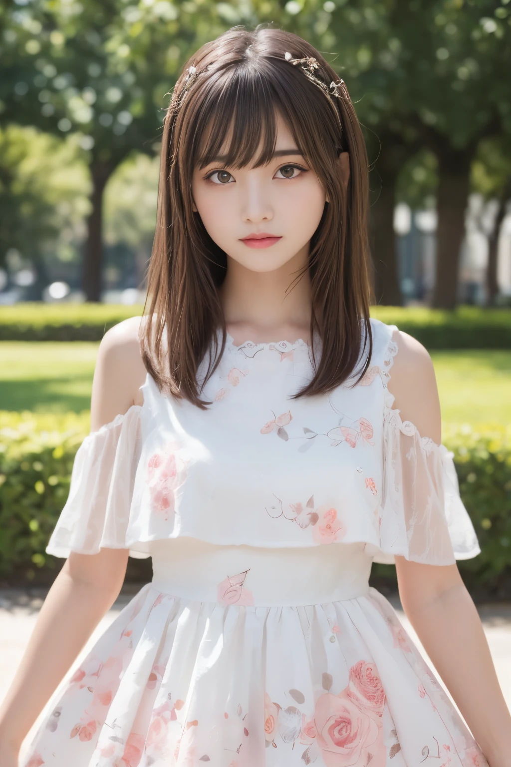 masterpiece, highest quality, one girl, (beautiful girl, delicate girl:1.3), (15 years old:1.3), extremely fine transparency, (symmetrical eyes:1.3), (lush park), (white and pink floral dress:1.3), small breasts, brown eyes, parted bangs, brown hair, young girl, (Eye and face details:1.0)