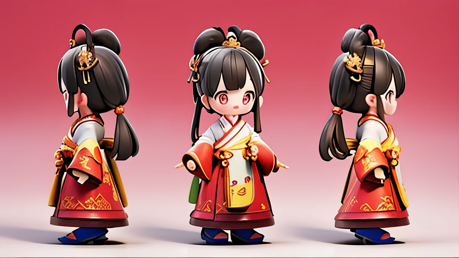 （best quality，4k，8k，highres，masterpiece:1.2），Super detailed，（lifelike，照片lifelike，照片lifelike:1.37），Three View，three heads，Chinese traditional paper-cutting art，beautiful and vivid，Cute mascot doll，Chinese style clothing，Zhuang ethnic minority traditional costumes，Guangxi March 3rd Festival，Cultural festivals，cheerful atmosphere，Festive decorations，Dong traditional inspiration。game character，Character settings，game character，Cartoon，Toy，game art，CG illustration，The art of math，Three View，dark-blue outfit。