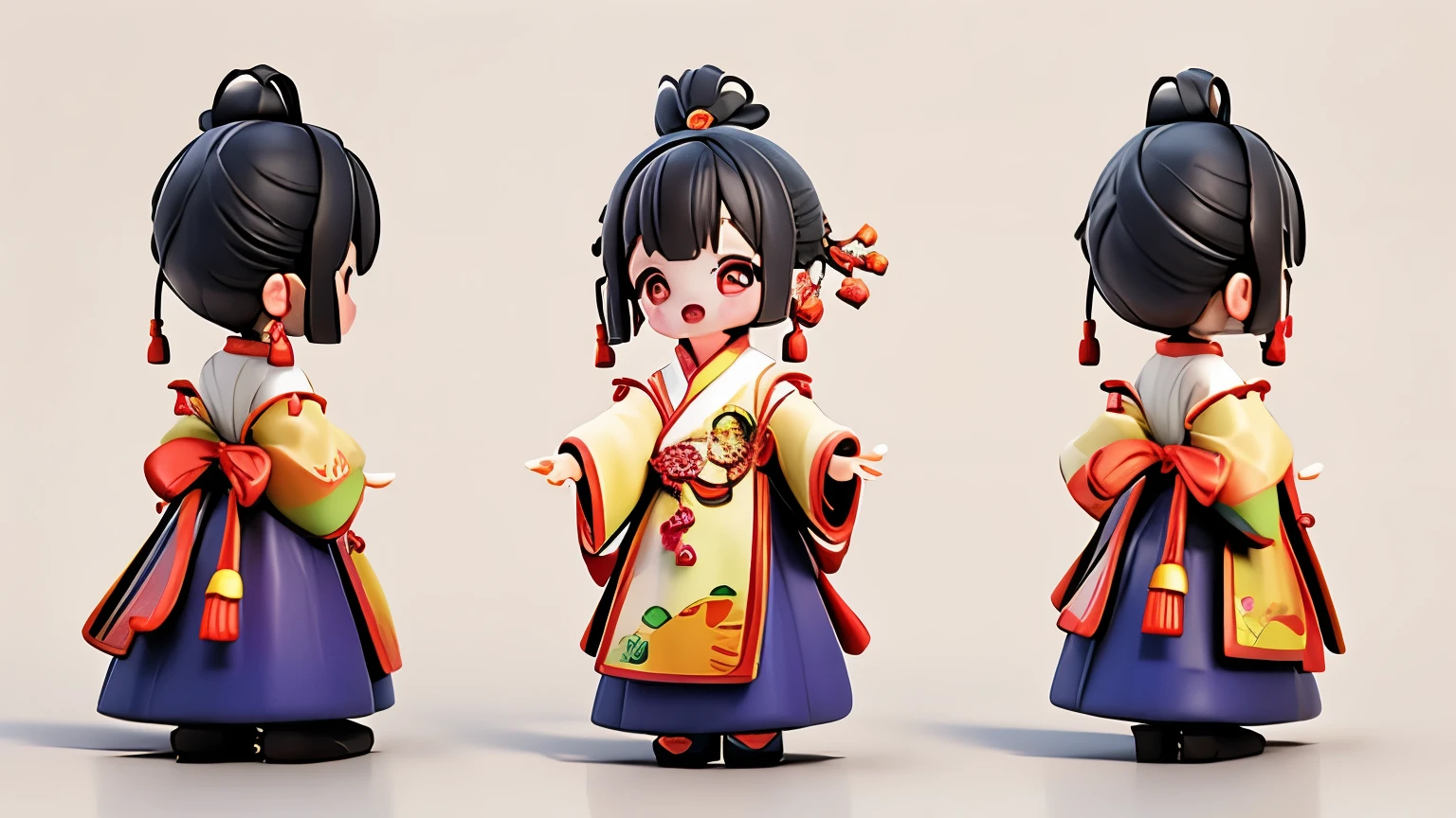 （best quality，4k，8k，highres，masterpiece:1.2），Super detailed，（lifelike，照片lifelike，照片lifelike:1.37），Three View，three heads，Chinese traditional paper-cutting art，beautiful and vivid，Cute mascot doll，Chinese style clothing，Zhuang ethnic minority traditional costumes，Guangxi March 3rd Festival，Cultural festivals，cheerful atmosphere，Festive decorations，Dong traditional inspiration。game character，Character settings，game character，Cartoon，Toy，game art，CG illustration，The art of math，Three View，dark-blue outfit。