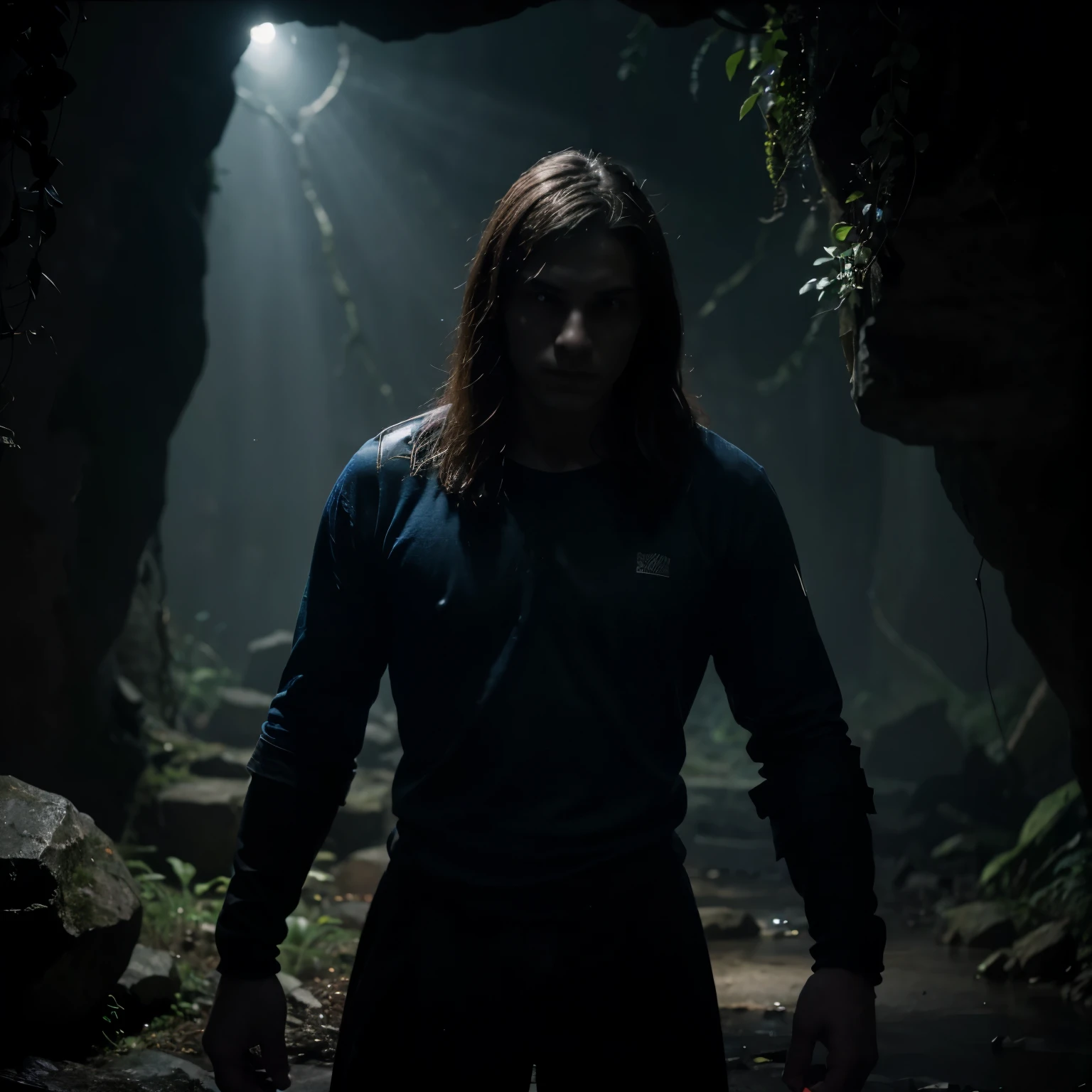 Imagine the following scene:
A 19-year-old youth is seen hiding. Anxiety and alertness shine from his sharply glowing eyes, directed straight at us, as if we are his allies in this tense situation. His blue shirt, emblazoned with the words "ONECEOUS" in brightly colored letters, stands out in stark contrast against the dark and frightening surroundings.
The young individual is tucked away in the dark corner of a cave or ancient ruins, with large stones and creeping vines scattered around, adding an element of mystery and unease. From the darkness behind him, a large and ominous shadow begins to form; it is the figure of the colossal Monster Leviathan. Only parts of the monster are visible, the rest shrouded in deep darkness.
The dim light from the lantern in the young person's hand offers the only source of light in the darkness, illuminating his face filled with determination and perhaps a hint of fear. The light creates moving shadows on the stone walls, perhaps adding to the illusion of the Leviathan drawing nearer.
This visualization creates an atmosphere of tension and mystery, with the young individual as the main focal point, representing resilience and courage in the face of the unknown, while the Monster Leviathan symbolizes the fears and uncertainties lurking in the dark.