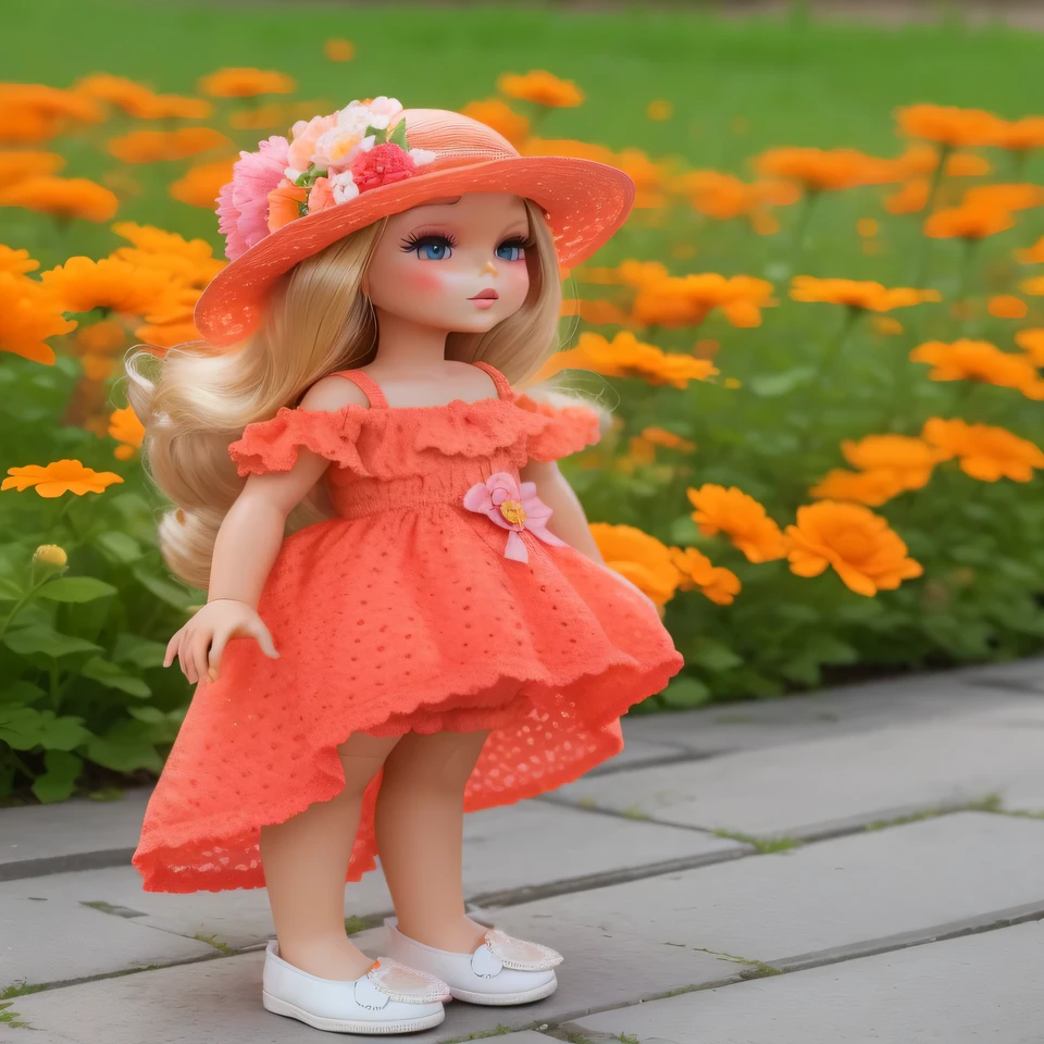 doll wearing a pink dress and hat standing in front of orange flowers, wearing orange sundress, katelynn mini cute style, inspired by Ulrika Pasch, red dress and hat, portrait of barbie doll, skydoll noa, plastic doll, dressed with long fluent clothes, very pretty model, in shades of peach, summer princess, in dress
