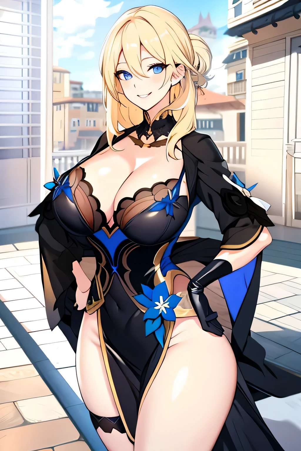blonde hair, black colored dress, blue eyes, gigantic breasts, cleavage, bare legs, smiling