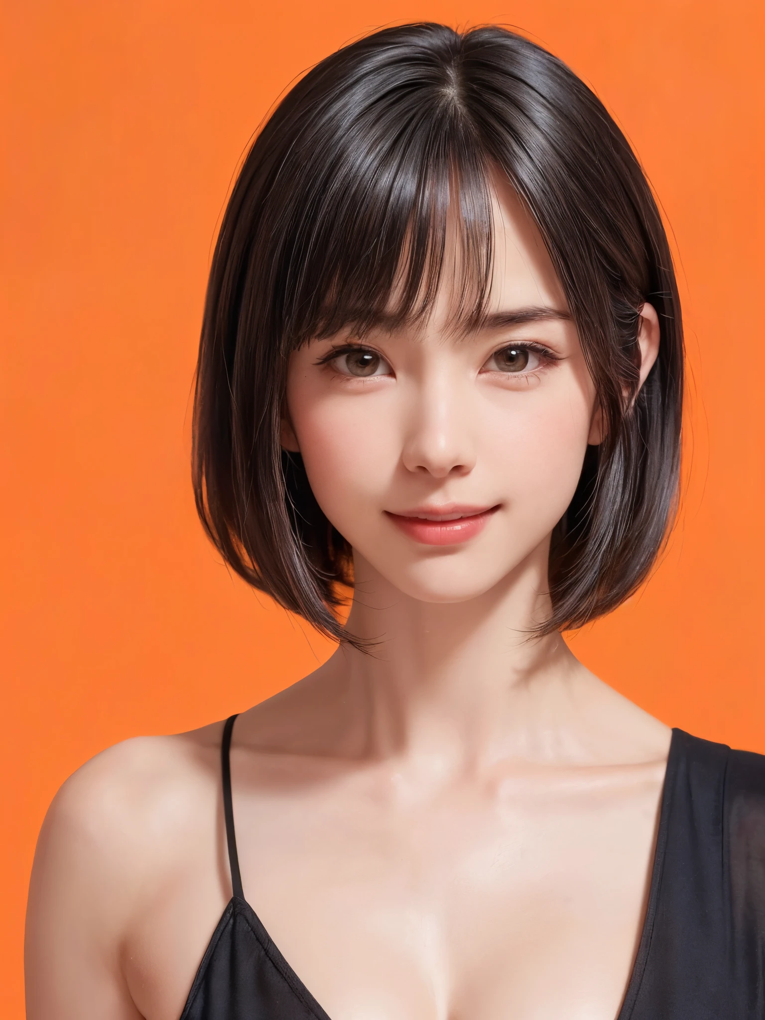 (table top, highest quality、ultra high resolution、face focus focus、focus on the sides、navel focus、decolletage focus、very attractive beauty、Adds intense highlights to the eyes、look closely at the camera:1.4、Absolutely beautiful bangs:1.4、Brunette short bob hair with bangs:1.4),1 girl, Report, black haired, realistic, looking at the viewer, pale black eyes, short hair, lips, lip gloss, Upper body、Big eyes、eyelash)、((italian natural background、hyper real stick:1.4))、((short hair with bangs:1.4、Beautiful bangs with 46 points:1.4、{Huge|big|Hugeな|mega} chest:2, cleavage:2、Big eyes、Give your students very powerful highlights、very bigger chest、look at the audience、very beautiful beauty、show me your ears、beautiful long neck、beautiful decollete、smile、A smilee　beautiful teeth、Open your mouth and smilee))、28 years old、very cute super model、perfect anatomy