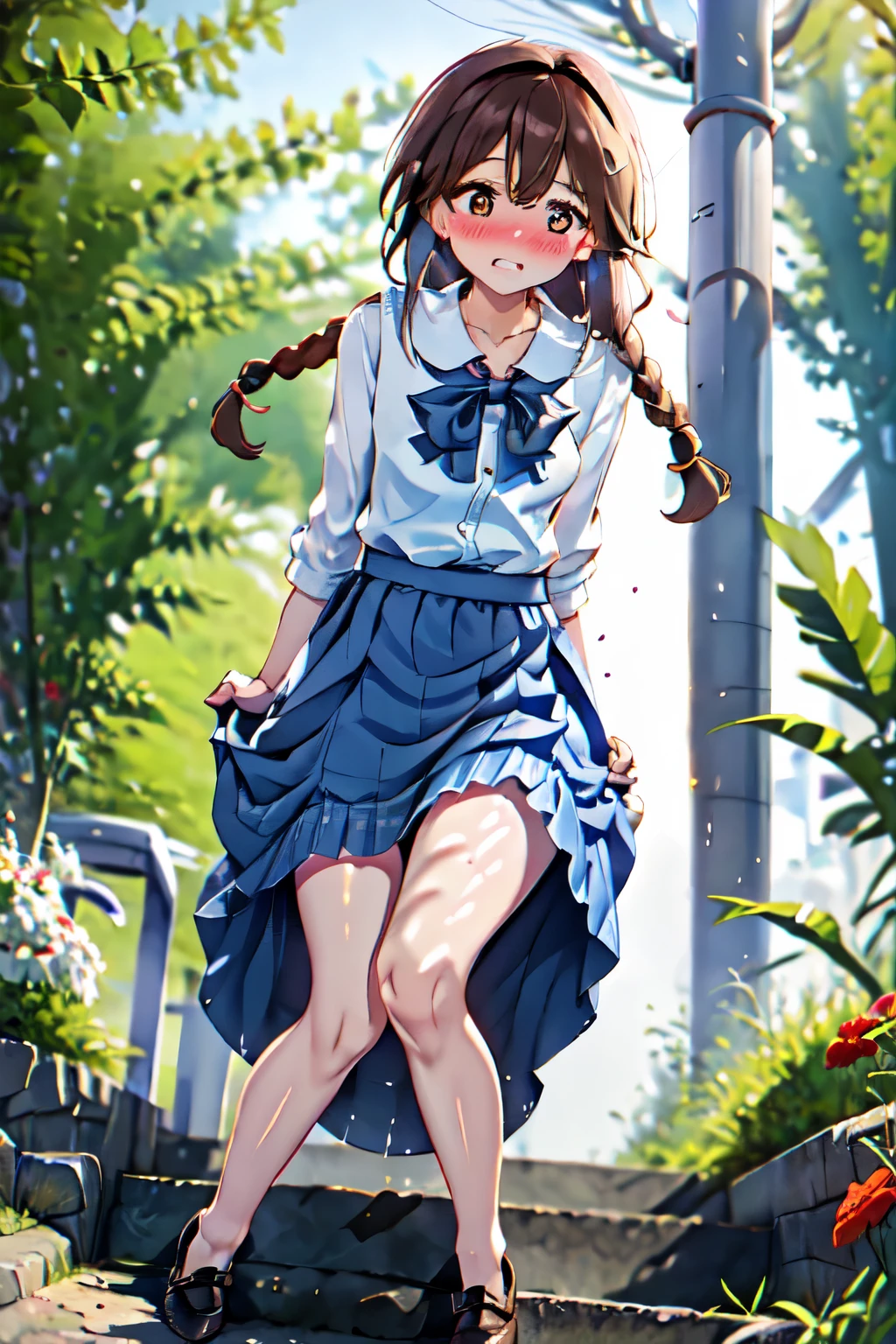 (masterpiece, 4k ,ultra detailed:1.2),(beautiful face:1.2),(anime:1.2),illustration,(solo:1.2),(looking at viewer:1.4),portrait,(supermodel:1.3),(blue school uniform:1.3),(red hair),yo,(simple choker:1.1),(yellow panties),(string,abs,smartphone,chmall breasts,petite:1.1),(sfw,nipple,flat chest,un dress,:1.4),(from below),(full body:1.2),(flower hair ornament),(urination:1.5),(peeing:1.5)