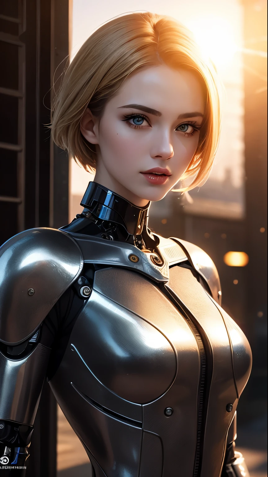 (skin dents:1.5), realistic, realistic, (masterpiece:1.5), concept art, intricate details, very detailed, realistic, octane rendering, 8k, unreal engine, dynamic pose, highest quality, High resolution, (realistic face:1.1), (hyper realism:1.1), ((full_body)), perfect eyes, (shiny skin: 1.2), (((hairstyle))), (((perfect hands)) ), (very detailed背景), ((dynamic background) ), ((sun)), (light), ((1 girl)), good looking, robot (((Shiny mechanical shape))), ((fine eyes, high quality eyes, high quality face)), (very complicated dress), short blonde hair, sun, sunlight, ((dramatic)), amazing, Depth of the bounds written, Bokeh, 4k, gothic, Ash, particle