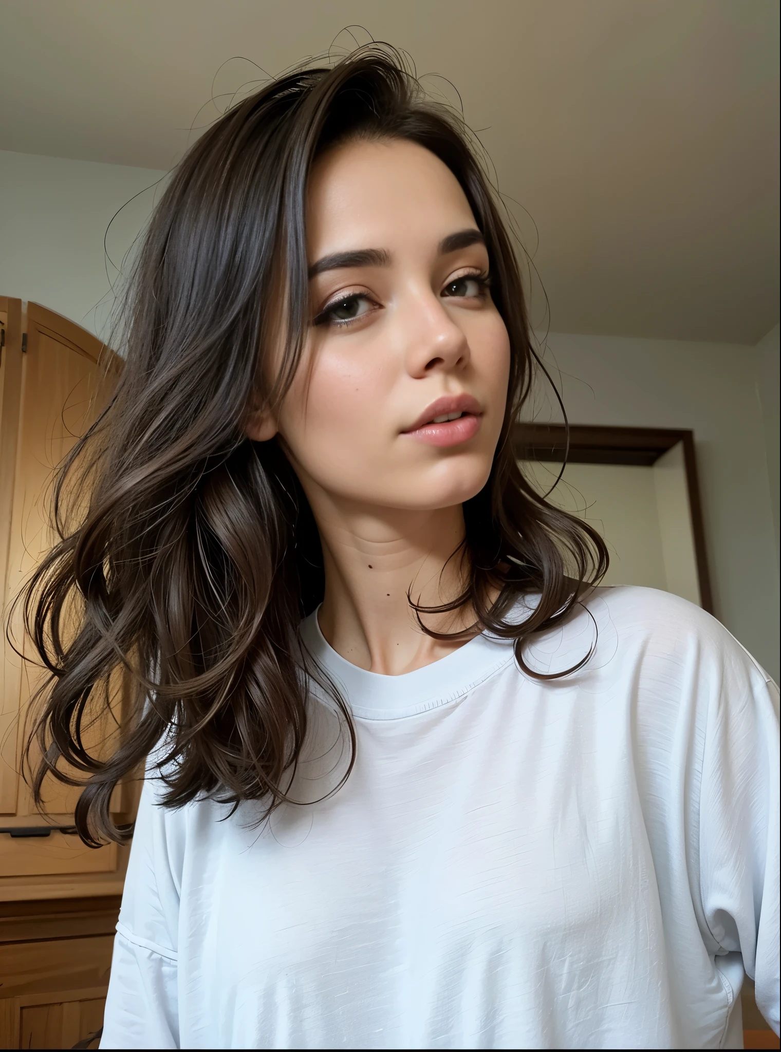 tem uma mulher com sardas com cabelo comprido e camisa branca, sem maquiagem, com sardas, sem maquiagem cabelos ondulados, 🤤 retrato de , medium length hair, Victoria Gavrilenko, Anastasia Ovchinnikova, rosto perfeito ), Retrato de Sophie Mudd, Anna Nikonova aka Newmilky, dua lipa, Alina Ivanchenko, modelo do instagram, vestido com uma camiseta branca