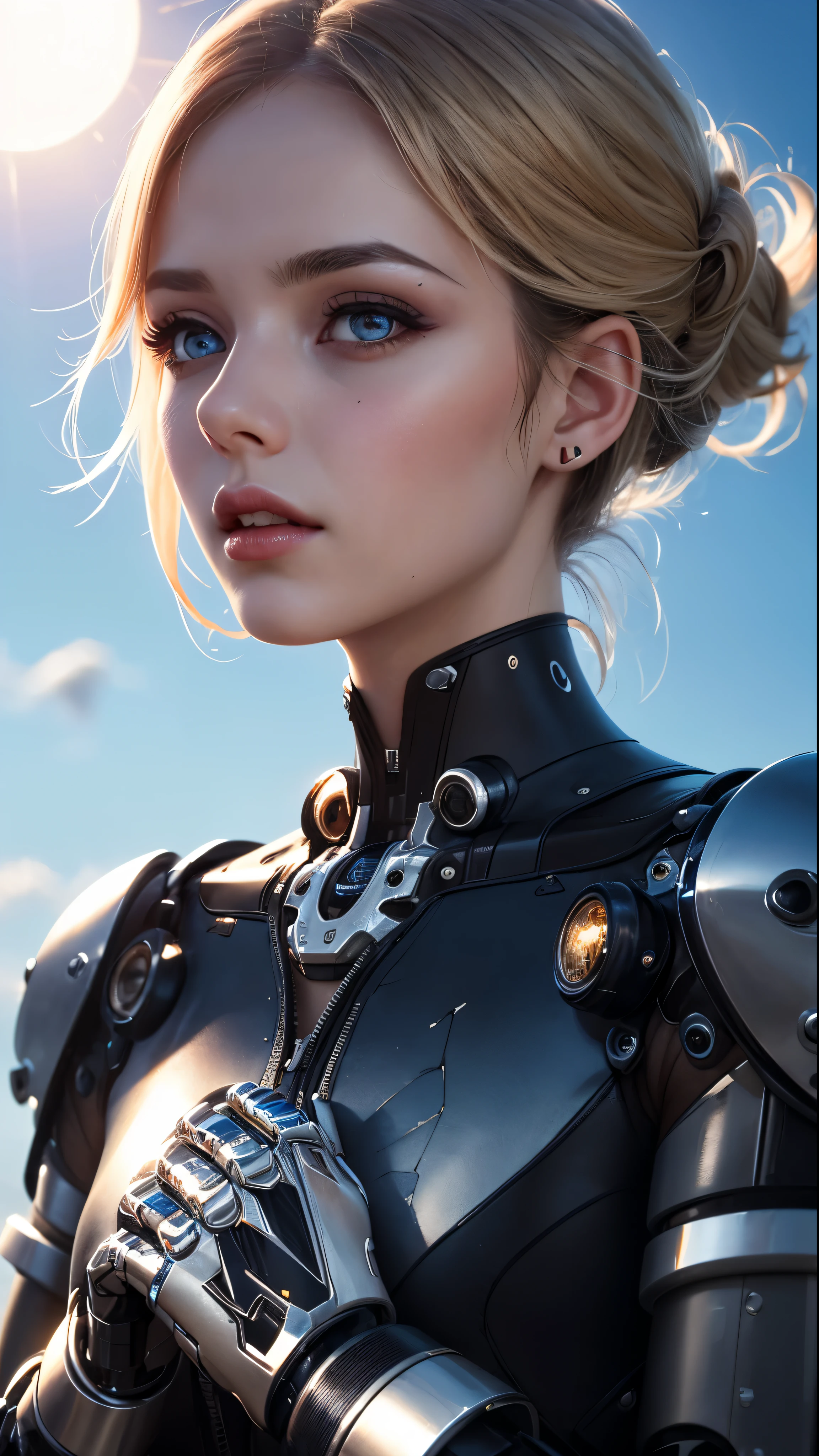 (skin dents:1.5), realistic, realistic, (masterpiece:1.5), concept art, intricate details, very detailed, realistic, octane rendering, 8k, unreal engine, dynamic pose, highest quality, High resolution, (realistic face:1.1), (hyper realism:1.1), ((full_body)), perfect eyes, (shiny skin: 1.2), (((hairstyle))), (((perfect hands)) ), (very detailed背景), ((dynamic background) ), ((sun)), (light), ((1 girl)), good looking, robot (((Shiny mechanical shape))), ((fine eyes, high quality eyes, high quality face)), (very complicated dress), short blonde hair, sun, sunlight, ((dramatic)), wonderful, written boundary depth, Bokeh, 4k, gothic, Ash, particle