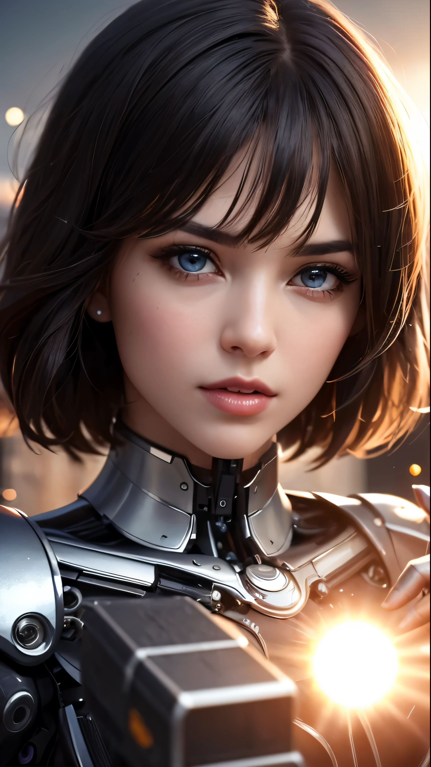 (skin dents:1.5), realistic, realistic, (masterpiece:1.5), concept art, intricate details, very detailed, realistic, octane rendering, 8k, unreal engine, dynamic pose, highest quality, High resolution, (realistic face:1.1), (hyper realism:1.1), ((full_body)), perfect eyes, (shiny skin: 1.2), (((hairstyle))), (((perfect hands)) ), (very detailed背景), ((dynamic background) ), ((sun)), (light), ((1 girl)), good looking, robot (((Shiny mechanical shape))), ((fine eyes, high quality eyes, high quality face)), (very complicated dress), short blonde hair, sun, sunlight, ((dramatic)), wonderful, written boundary depth, Bokeh, 4k, gothic, Ash, particle
